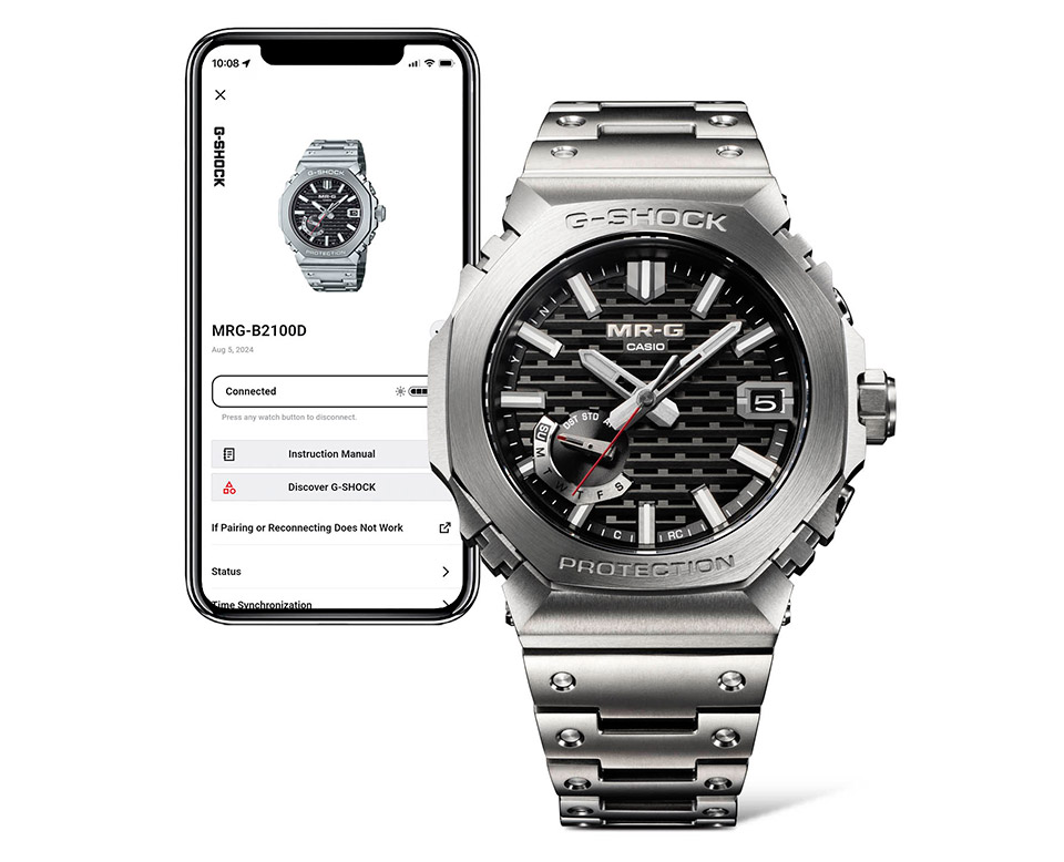 ブルートゥースを使ってスマートフォンと連動。時刻修正や時計のステータス表示などを行うことができる