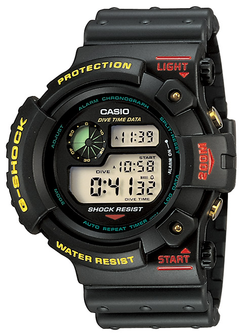 1993年に発売された初代フロッグマン「DW-6300」。ISOのダイバーズウォッチ規格に準拠し、防水性能は200m。左右非対称のケースデザインで大きな話題に。