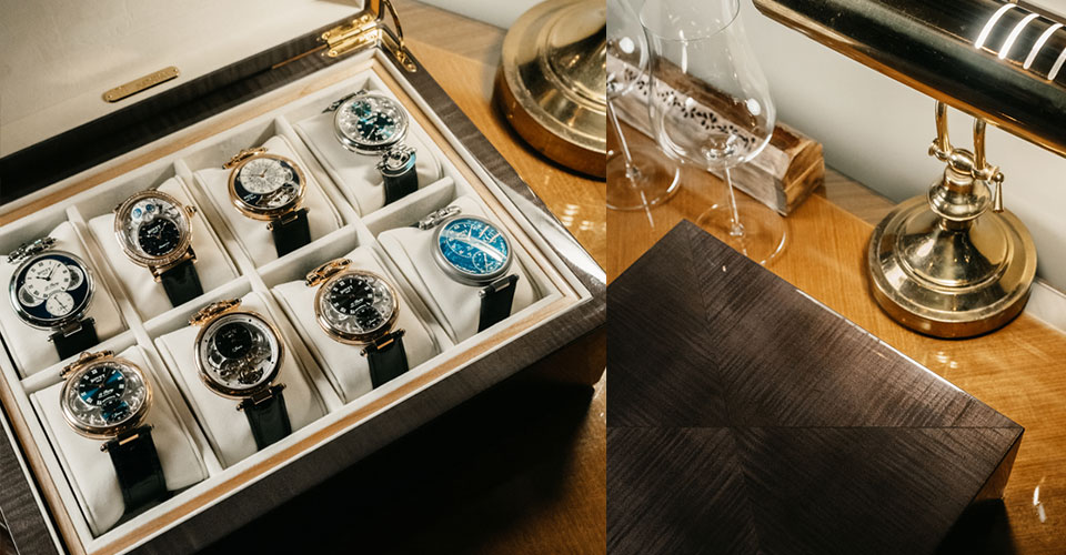 「GINZA松創」に展示されている8本入りの木製時計ケース。収納本数や内部コンパートメントの構造にはじまり、ケースに用いる突板の樹種やカラーなど、多岐にわたってオーダーすることができる。ちなみに「松創」という社名の由来は創業者が「松岡」であること。その松岡がものを創造するということから「松創」という社名が生まれたのだという。協力：ボヴェ 1822 ジャパン