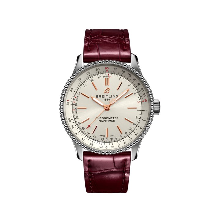 型番:A17395F41G1P1<br />
ケース径:35mm<br />
防水機能:3気圧<br />
ムーブメント:自動巻き<br />
<br />
<br />
価格:583,000円(税込)<br />
<br />
<br />
スタッフの一言:<br />
<br />
ベゼルにエレガントさを感じれる「パール装飾」を施した3針ながらナビタイマーらしさのあるモデル<br />
<br />
男性だけでなく女性も着用できるサイズ感とエレガントなデザインを持っています<br />
<br />
スポーティーエレガントな時計をお探しの方におススメしたい1本です<br />
<br />
<br />
お問い合わせやご予約などは、こちらをクリックしてください↓<br />
https://kobayashi-tokeiten.com/inquiryform/<br />
「グレッシブを見た」と型番などの記載もお願いします<br />
グレッシブ担当までご連絡いただけると、よりスムーズな対応をさせていただきます