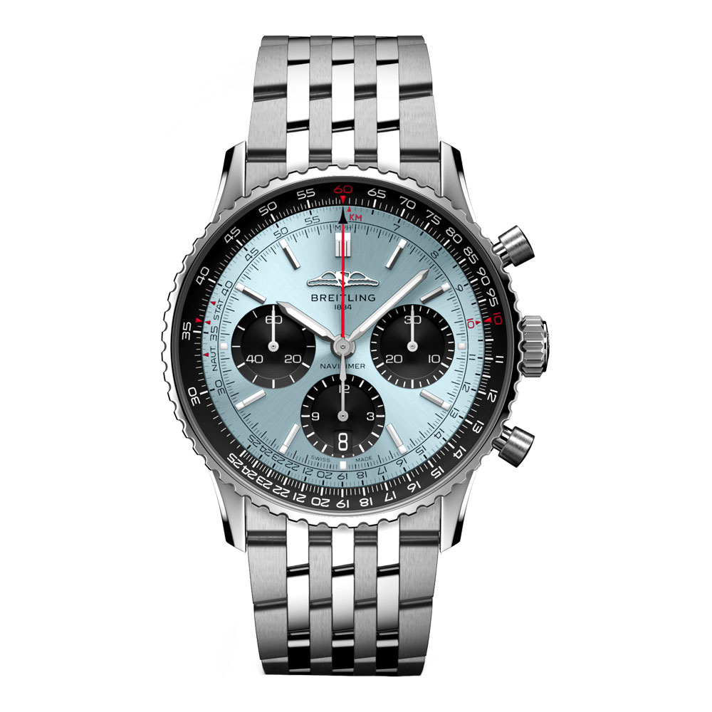 型番:AB0139241C2A1<br />
ケース径:41mm<br />
防水機能:3気圧<br />
ムーブメント:自動巻き<br />
<br />
<br />
価格:1,320,000円(税込)<br />
<br />
<br />
スタッフの一言:<br />
<br />
1952年に誕生した、現在ブライトリングの代名詞にもなっているナビタイマーのアイスブルー文字盤モデル<br />
<br />
人気の高い「アイスブルー」文字盤は、入荷本数が異常に少なくお待ちいただく方がいらっしゃるほどです<br />
<br />
トレンドカラーを押さえておきたい方におススメしたい1本です<br />
<br />
<br />
お問い合わせやご予約などは、こちらから↓<br />
https://kobayashi-tokeiten.com/inquiryform/<br />
「グレッシブを見た」と型番などの記載もお願いします<br />
グレッシブ担当までご連絡いただけると、よりスムーズな対応をさせていただきます<br />