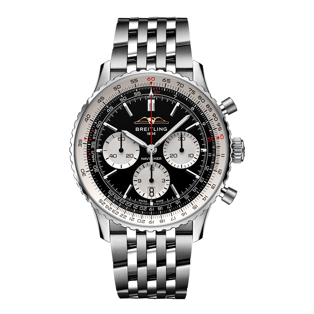 型番:AB0138211B1A1<br />
ケース径:43mm<br />
防水機能:3気圧<br />
ムーブメント:自動巻き<br />
<br />
<br />
価格:1,342,000円(税込)<br />
<br />
<br />
スタッフの一言:<br />
<br />
1952年から進化を続けているブライトリングを代表するクロノグラフ モデル<br />
<br />
回転計算尺を搭載したパイロットの為の機能を備えたカッコよさを持っています<br />
<br />
メカニカルなデザインの時計をお探しの方におススメの1本です<br />
<br />
<br />
お問い合わせやご予約などは、こちらから↓<br />
https://kobayashi-tokeiten.com/inquiryform/<br />
「グレッシブを見た」と型番などの記載もお願いします<br />
グレッシブ担当までご連絡いただけると、よりスムーズな対応をさせていただきます