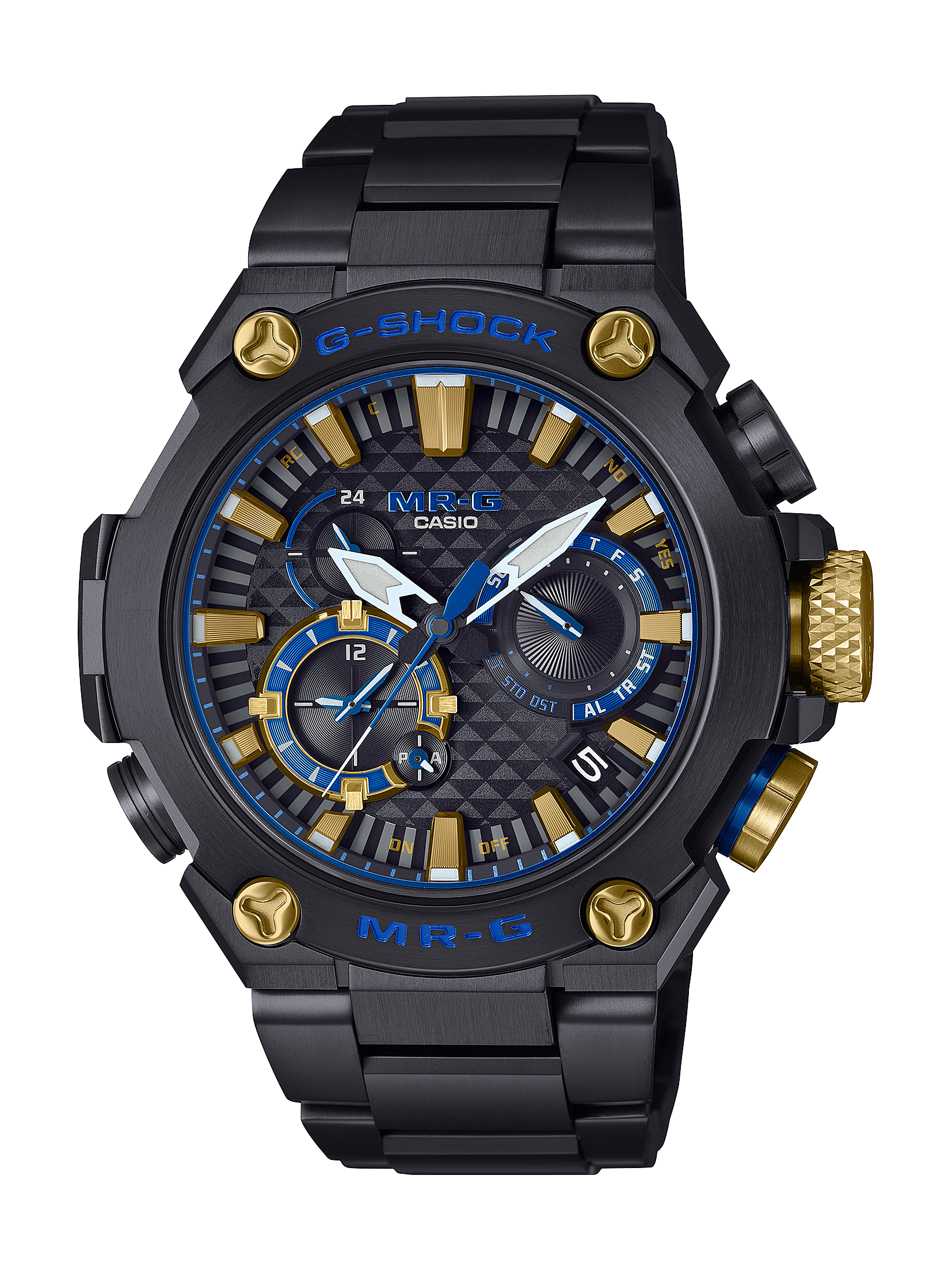 G-SHOCK MR-G<br />
品番:MRG-B2000B-1AJR<br />
価格:346,500円(税込)<br />
<br />
スペック:<br />
・標準電波受信(世界6局)<br />
・モバイルリンク機能<br />
・タフソーラー<br />
・内面無反射防止コーティングサファイアガラス<br />
・ケース/バンド:深層硬化処理+DLC処理<br />
・高輝度なLEDライト<br />
・20気圧防水機能<br />
・サイズ(H×W×D)54.7×49.8×16.9mm<br />
・質量 150g<br />
<br />
G-SHOCKの最上級ライン「MR-G」の、日本の伝統色「勝色(かちいろ)」をデザインに落とし込んだモデルです。<br />
デザインモチーフの「勝色」は日本に古くからある濃い紺色のこと。元々は褐色または搗色と表記されていましたが、武士たちに「勝つ色」として好まれ、鎧や甲冑などによく使われるようになりました。<br />
<br />
ベースモデルには、文字板に和のモチーフを使用し、強さと華やかさを兼ね備えたMRG-B2000を採用。<br />
文字板のベース面に「鱗紋」を、外周部には扇/屏風をイメージしたカット面をつけることで、シンプルでありながら華やかなテクスチャーを表現しています。<br />
<br />
ベゼル内側やインダイアル、ロゴには「勝色」を配色し、剛健なデザインにまとめています。素材、構造、機能、すべてにこだわり、日本古来より受け継がれてきた強さや美意識を継承するMR-Gです。