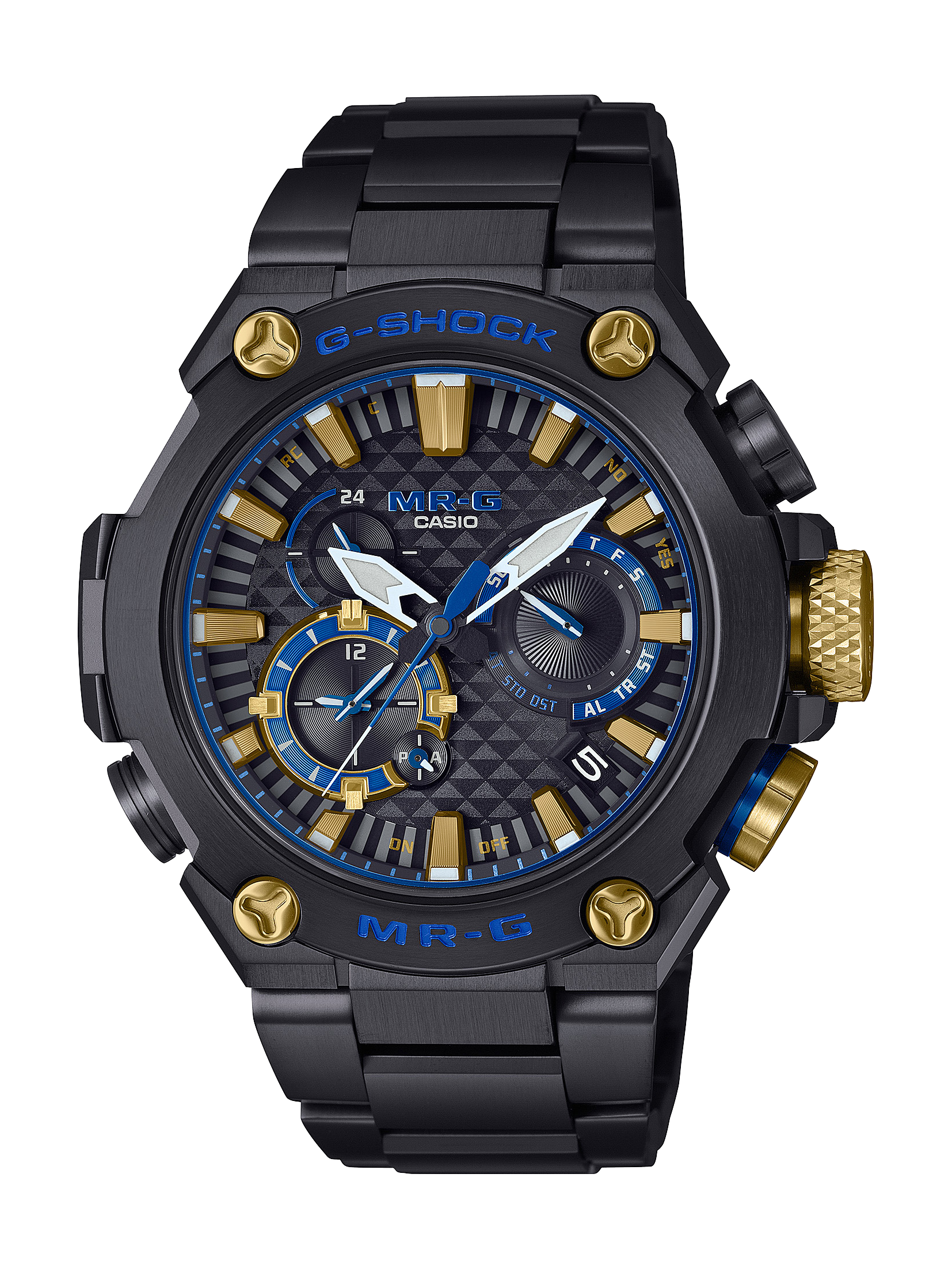 G-SHOCK　MR-G<br />
品番：MRG-B2000B-1AJR<br />
価格：330,000円（税込）<br />
<br />
スペック：<br />
・標準電波受信（世界6局）<br />
・モバイルリンク機能<br />
・タフソーラー<br />
・内面無反射防止コーティングサファイアガラス<br />
・ケース／バンド：深層硬化処理＋DLC処理<br />
・高輝度なLEDライト<br />
・20気圧防水機能<br />
・サイズ（H×W×D）54.7×49.8×16.9mm<br />
・質量　150g<br />
<br />
G-SHOCKの最上級ライン「MR-G」の、日本の伝統色「勝色（かちいろ）」をデザインに落とし込んだモデルです。<br />
 デザインモチーフの「勝色」は日本に古くからある濃い紺色のこと。元々は褐色または搗色と表記されていましたが、武士たちに「勝つ色」として好まれ、鎧や甲冑などによく使われるようになりました。<br />
<br />
 ベースモデルには、文字板に和のモチーフを使用し、強さと華やかさを兼ね備えたMRG-B2000を採用。<br />
文字板のベース面に「鱗紋」を、外周部には扇/屏風をイメージしたカット面をつけることで、シンプルでありながら華やかなテクスチャーを表現しています。<br />
<br />
ベゼル内側やインダイアル、ロゴには「勝色」を配色し、剛健なデザインにまとめています。素材、構造、機能、すべてにこだわり、日本古来より受け継がれてきた強さや美意識を継承するMR-Gです。