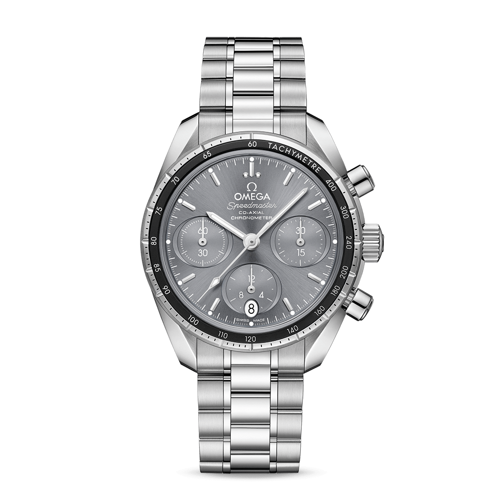 60.スピードマスター38 コーアクシャル クロノメーター クロノグラフ 38mm<br />
<br />
価格: ¥858,000<br />
品番:324.30.38.50.06.001<br />
ケース: ステンレススティール<br />
ケース直径:38mm<br />
防水: 10 気圧 (100 メートル / 330 フィート)<br />
<br />
キャリバー: オメガ3330<br />
コラムホイール機構搭載の自動巻きクロノグラフ、コーアクシャル エスケープメント。Si14シリコン製ヒゲゼンマイを採用したフリースプラングテンプ。公式認定クロノメーター。<br />
<br />
ダイアルの色: グレー<br />
クリスタル: 両面に無反射加工を施したドーム型強化無反射サファイアガラス<br />
素材: ステンレススティール<br />
クラスプの種類: バタフライクラスプ<br />
<br />
機能:クロノグラフ・クロノメーター・スモールセコンド・タキメーター・日付表示<br />
<br />
スピードマスター 38mmは、シンプルさ、サイズ感、カラーを大切にして生まれたモデル。最も有名なクロノグラフとしてのルックスと伝統もしっかりと守られています。<br />
<br />
このモデルの特徴は、ステンレススティール製ケースと、グレーのアルミニウム製リングにタキメータースケールを搭載したベゼルです。<br />
<br />
サンブラッシュ仕上げのグレーのダイアルには横楕円型のサブダイアルを、6時位置には縦楕円型の日付窓を配しました。針とインデックスはロジウム仕上げです。<br />
<br />
このウォッチにはステンレススティール製のブレスレットを合わせ、ケースバックにはシーホースのエンブレムを刻印しました。オメガ コーアクシャル キャリバー3330搭載。<br />
<br />
<br />
<br />
名古屋栄三越にはオメガ(OMEGA)の在庫を多数ご用意いたしております。オメガ(OMEGA)なら名古屋栄三越6階時計までお申し付けください。<br />
<br />
<br />
名古屋栄三越についてのお問合せは・・・<br />
<br />
〒460-8669 愛知県名古屋市中区栄3-5-1<br />
TEL:052-252-3743 (6階 ウォッチ&ジュエリー)<br />
定休日:不定休<br />
営業時間:10:00~19:00<br />