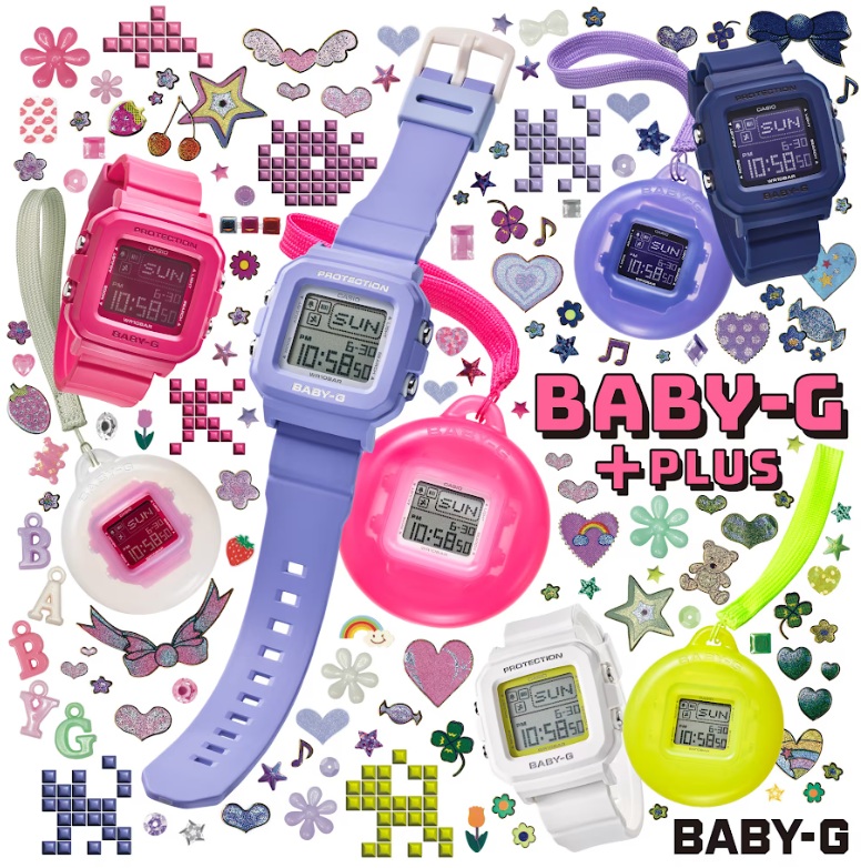 BABY-G＋PLUS<br />
BGD-10 Series<br />
<br />
期間中BGD-10Kを購入された方に先着でBABY-G＋PLUSクロミオリジナルカバーをプレゼント！<br />
<br />
2024年に誕生30周年を迎えるBABY-Gから、自分の好みにあわせて使い方が楽しめる「BABY-G＋PLUS」です。<br />
コンパクトなデジタルウオッチと、専用の時計ホルダーがセットになったモデルで、ベゼルとバンドの取り外しが可能。<br />
付属の時計ホルダーにセットすれば、ユニークなチャームとしても活躍します。Y2Kのカラーテイストがファッションに華を添えます。シリコンホルダーはシールやデコレーションで自分仕様にアレンジが可能です。<br />
加えて、時刻モードでライトボタンを押すと、ドット絵キャラクター(ボーダー、ダンサー、イルカ、ハリセンボン、イヌ、ネコ)のアニメーションがランダムに表示され、かわいらしい動きでフェイスを楽しく演出します。<br />
BABY-Gらしい遊び心をプラスし、自由なカスタマイズを楽しめるシリーズです。<br />
※ 光沢仕上げである本製品の製法上、表面にしわのような模様が発生することがあります。<br />
※ デコレーションはお客様ご自身の責任にてお願いいたします。<br />
<br />
発売年月<br />
2024年5月<br />
価格<br />
メーカー希望小売価格 ￥9,900（税込）<br />
ケースサイズ（縦×横×厚さ）<br />
icon-question<br />
42.8 × 39 × 14.7 mm<br />
質量<br />
icon-question<br />
33 g<br />
ケース・ベゼル材質<br />
樹脂<br />
付属品：ストラップ付専用ホルダー<br />
バンド<br />
樹脂バンド<br />
構造<br />
耐衝撃構造（ショックレジスト）<br />
防水性<br />
10気圧防水<br />
使用電源・電池寿命<br />
電池寿命：約3年<br />
