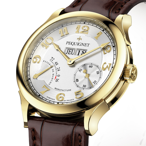PEQUIGNET MANUFACTURE<br />
Paris Royal 3Fonctions<br />
パリ ロワイヤル トア・フォンクション<br />
Ref:9001438<br />
ケース径:41.0mm<br />
ケース厚:11.5mm<br />
ケース素材:YG<br />
防水性:5気圧防水<br />
ストラップ:アリゲーター(K18ピン バックル)<br />
ムーブメント:カリブル ロワイヤル(自動巻き、完全自社製)、21,600振動、88時間パワーリザーブ(シングルバレル、実動およそ100時間)、センターシャフト・ドライブ<br />
仕様:パワーリザーブ・インジケーター(72時間等時性表示)/スモール・セコンド/ジャンピング 3ディスク ビッグデイ・デイト(時間帯の操作制限無し)<br />
価格:2,900,000円(2018年10月での消費税抜価格)