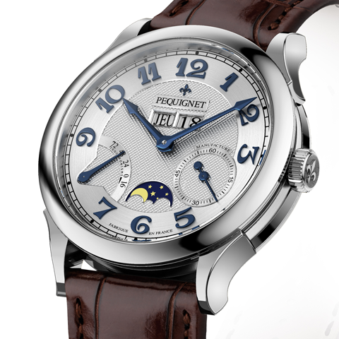PEQUIGNET MANUFACTURE<br />
Paris Royal 4Fonctions<br />
パリ ロワイヤル 4フォンクション<br />
Ref:9007437<br />
ケース径:41.0mm<br />
ケース厚:11.5mm<br />
ケース素材:SS<br />
防水性:5気圧防水<br />
ストラップ:アリゲーター(フォールディング バックル)<br />
ムーブメント:カリブル ロワイヤル(自動巻き、完全自社製)、21600振動、88時間パワーリザーブ(シングルバレル、実動およそ100時間)、センターシャフト・ドライブ<br />
仕様:パワーリザーブ・インジケーター(72時間等時性表示)/スモール・セコンド/高精度ムーンフェイズ/ジャンピング 3ディスク ビッグデイ・デイト(時間帯の操作制限無し)<br />
価格:1,160,000円(2018年10月での消費税抜価格)