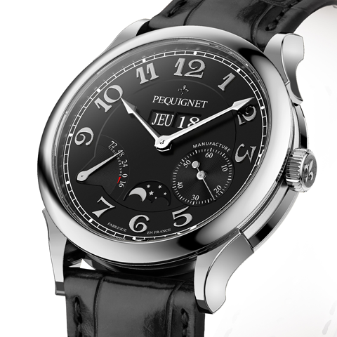 PEQUIGNET MANUFACTURE<br />
Paris Royal 4Fonctions<br />
パリ ロワイヤル キャトル フォンクション<br />
Ref:9007443<br />
ケース径:41mm<br />
ケース厚:11.5mm<br />
ケース素材:SS<br />
防水性:5気圧<br />
ストラップ:アリゲーター(フォールディングバックル)<br />
ムーブメント:カリブル ロワイヤル(自動巻き、完全自社製)、21,600振動、88時間パワーリザーブ(シングルバレル、実動およそ100時間)、センター・シャフト・ドライブ<br />
仕様:パワーリザーブ・インジケーター(72時間等時性表示)/スモール・セコンド<br />
/高精度ムーンフェイズ/ジャンピング 3ディスク ビッグデイ・デイト(時間帯の操作制限無し)<br />
価格:1,110,000円(2018年10月での消費税抜価格)