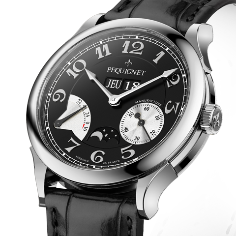 PEQUIGNET MANUFACTURE<br />
Paris Royal 4Fonctions<br />
パリ ロワイヤル 4フォンクション<br />
Ref:9007543<br />
ケース径:41mm<br />
ケース厚:11.5mm<br />
ケース素材:SS<br />
防水性:5気圧<br />
ストラップ:アリゲーター(フォールディングバックル)<br />
ムーブメント:カリブル ロワイヤル(自動巻き、完全自社製)、21,600振動、88時間パワーリザーブ(シングルバレル、実動およそ100時間)、センター・シャフト・ドライブ<br />
仕様:パワーリザーブ・インジケーター(72時間等時性表示)/スモール・セコンド<br />
/高精度ムーンフェイズ/ジャンピング 3ディスク ビッグデイ・デイト(時間帯の操作制限無し)<br />
価格:1,110,000円(2018年10月での消費税抜価格)<br />