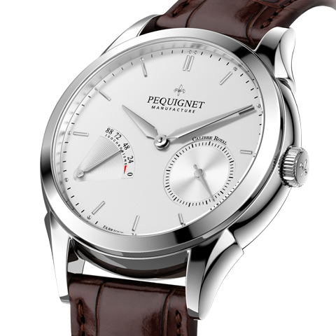 PEQUIGNET MANUFACTURE<br />
Rue Royale Deux Fonctions<br />
リュー ロワイヤル 2フォンクション<br />
Ref:9010133<br />
ケース径:42.0mm<br />
ケース厚:12.5mm<br />
ケース素材:SS<br />
防水性:5気圧防水<br />
ストラップ:アリゲーター(フォールディング バックル)<br />
ムーブメント:カリブル ロワイヤル(自動巻き、完全自社製)、21,600振動、88時間パワーリザーブ(シングルバレル、実動およそ100時間、等時性保証72時間)、センターシャフト・ドライブ<br />
仕様:パワーリザーブ・インジケーター/スモール・セコンド<br />
価格:600,000円(2018年10月での消費税抜価格)
