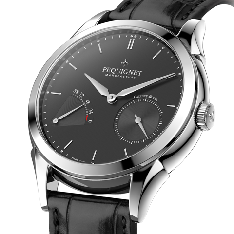 PEQUIGNET MANUFACTURE<br />
Rue Royale 2Fonctions<br />
リュー ロワイヤル 2フォンクション<br />
Ref:9010143<br />
ケース径:42.0mm<br />
ケース厚:12.5mm<br />
ケース素材:SS<br />
防水性:5気圧防水<br />
ストラップ:アリゲーター(フォールディング バックル)<br />
ムーブメント:カリブル ロワイヤル(自動巻き、完全自社製)、21,600振動、88時間パワーリザーブ(シングルバレル、実動およそ100時間、等時性保証72時間)、センターシャフト・ドライブ<br />
仕様:パワーリザーブ・インジケーター/スモール・セコンド<br />
価格:600,000円(2018年10月での消費税抜価格)