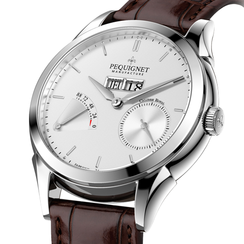 PEQUIGNET MANUFACTURE<br />
Rue Royale 3Fonctions<br />
リュー ロワイヤル 3フォンクション<br />
Ref:9010233<br />
ケース径:42.0mm<br />
ケース厚:12.5mm<br />
ケース素材:SS<br />
防水性:5気圧防水<br />
ストラップ:アリゲーター(フォールディング バックル)<br />
ムーブメント:カリブル ロワイヤル(自動巻き、完全自社製)、21600振動、88時間パワーリザーブ(シングルバレル、実動およそ100時間)、センターシャフト・ドライブ<br />
仕様:パワーリザーブ・インジケーター/スモール・セコンド/ジャンピング 3ディスク ビッグデイ・デイト(時間帯の操作制限無し)<br />
価格:940,000円(2018年10月での消費税抜価格)