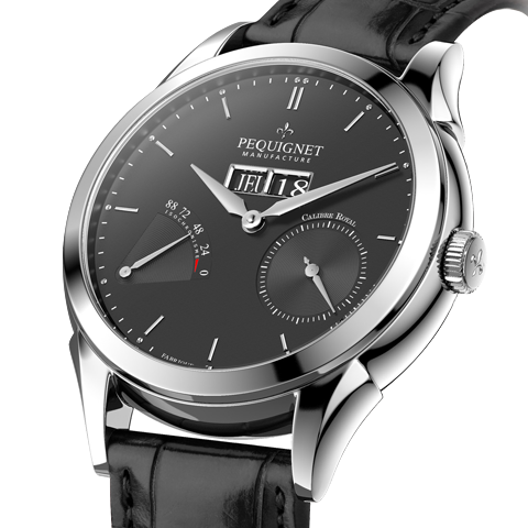 PEQUIGNET MANUFACTURE<br />
Rue Royale 3Fonctions<br />
リュー ロワイヤル 3フォンクション<br />
Ref:9010243<br />
ケース径:42.0mm<br />
ケース厚:12.5mm<br />
ケース素材:SS<br />
防水性:5気圧防水<br />
ストラップ:アリゲーター(フォールディング バックル)<br />
ムーブメント:カリブル ロワイヤル(自動巻き、完全自社製)、21,600振動、88時間パワーリザーブ(シングルバレル、実動およそ100時間)、センターシャフト・ドライブ<br />
仕様:パワーリザーブ・インジケーター/スモール・セコンドジャンピング 3ディスク ビッグデイ・デイト(時間帯の操作制限無し)<br />
価格:940,000円(2018年10月での消費税抜価格)