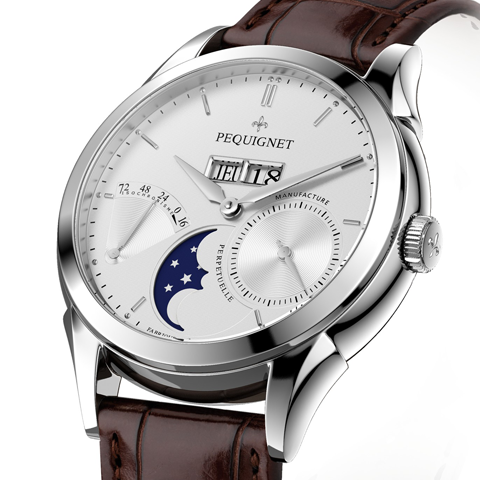 PEQUIGNET MANUFACTURE<br />
RueRoyale 4Fonctions<br />
リュー ロワイヤル 4フォンクション<br />
Ref:9010433<br />
ケース径:42mm<br />
ケース厚:12.5mm<br />
ケース素材:SS<br />
防水性:5気圧<br />
ストラップ:アリゲーター<br />
(フォールディングバックル)<br />
ムーブメント:カリブル ロワイヤル(自動巻き、完全自社製)、21,600振動、88時間パワーリザーブ(シングルバレル、実動およそ100時間)<br />
、センター・シャフト・ドライブ<br />
仕様:パワーリザーブ・インジケーター(72時間等時性表示)/スモール・セコンド<br />
/高精度ムーンフェイズ/ジャンピング 3ディスク ビッグデイ・デイト(時間帯の操作制限無し)<br />
価格:1,050,000円(2018年10月での消費税抜価格)