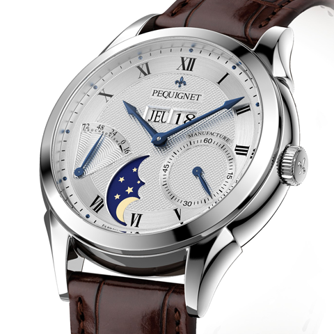 PEQUIGNET MANUFACTURE<br />
RueRoyale 4Fonctions<br />
リュー ロワイヤル 4フォンクション<br />
Ref:9010437<br />
ケース径:42mm<br />
ケース厚:12.5mm<br />
ケース素材:SS<br />
防水性:5気圧<br />
ストラップ:アリゲーター<br />
(フォールディングバックル)<br />
ムーブメント:カリブル ロワイヤル(自動巻き、完全自社製)、21,600振動、88時間パワーリザーブ(シングルバレル、実動およそ100時間)<br />
、センター・シャフト・ドライブ<br />
仕様:パワーリザーブ・インジゲーター(72時間等時性表示)/スモール・セコンド<br />
/高精度ムーンフェイズ/ジャンピング 3ディスク ビッグデイ・デイト(時間帯の操作制限無し)<br />
価格:1,100,000円(2018年10月での消費税抜価格)<br />