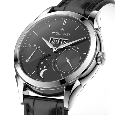 PEQUIGNET MANUFACTURE<br />
Rue Royale 4Fonctions<br />
リュー ロワイヤル 4フォンクション<br />
Ref:9010443<br />
ケース径:42.0mm<br />
ケース厚:12.5mm<br />
ケース素材:SS<br />
防水性:5気圧防水<br />
ストラップ:アリゲーター(フォールディング バックル)<br />
ムーブメント:カリブル ロワイヤル(自動巻き、完全自社製)、21600振動、88時間パワーリザーブ(シングルバレル、実動およそ100時間)、センターシャフト・ドライブ<br />
仕様:パワーリザーブ・インジケーター(72時間等時性表示)/スモール・セコンド/高精度ムーンフェイズ/ジャンピング 3ディスク ビッグデイ・デイト(時間帯の操作制限無し)<br />
価格:1,050,000円(2018年10月での消費税抜価格)