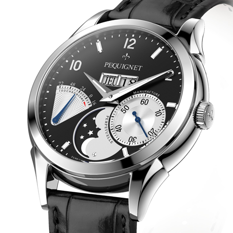 PEQUIGNET MANUFACTURE<br />
Rue Royale 4Fonctions<br />
リュー ロワイヤル 4フォンクション<br />
Ref:9010543<br />
ケース径:42.0mm<br />
ケース厚:12.5mm<br />
ケース素材:SS<br />
防水性:5気圧防水<br />
ストラップ:アリゲーター(フォールディング バックル)<br />
ムーブメント:カリブル ロワイヤル(自動巻き、完全自社製)、21600振動、88時間パワーリザーブ(シングルバレル、実動およそ100時間)、センターシャフト・ドライブ<br />
仕様:パワーリザーブ・インジケーター(72時間等時性表示)/スモール・セコンド/高精度ムーンフェイズ/ジャンピング 3ディスク ビッグデイ・デイト(時間帯の操作制限無し)<br />
価格:1,100,000円(2018年10月での消費税抜価格)