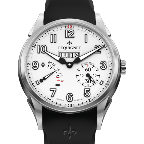 PEQUIGNET MANUFACTURE<br />
Royal Grand Sport Titane 3Fonctions<br />
ロワイヤル グランスポール チタン 3フォンクション<br />
Ref:9032713/30<br />
ケース径:44.0mm<br />
ケース厚:12.5mm<br />
ケース素材:ピュアチタン<br />
防水性:5気圧防水<br />
ストラップ:アリゲーター(フォールディング バックル)<br />
ムーブメント:カリブル ロワイヤル(自動巻き、完全自社製)、21,600振動、88時間パワーリザーブ(シングルバレル、実動およそ100時間、等時性保証72時間)、センターシャフト・ドライブ<br />
仕様:パワーリザーブ・インジケーター/スモール・セコンド/フラット3ディスク・ジャンピングデイデイト(操作禁止時間帯無し)<br />
価格:1,070,000円(2018年10月での消費税抜価格)
