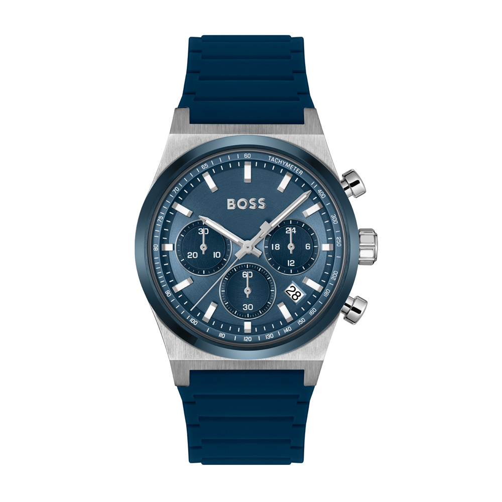 【HUGO BOSS】<br />
<br />
素材:SSケース<br />
<br />
ストラップ:ブルーシリコンストラップ<br />
<br />
ムーブメント:クォーツファッションクロノ<br />
<br />
防水:5気圧防水<br />
<br />
ケース径:41mm<br />
<br />
