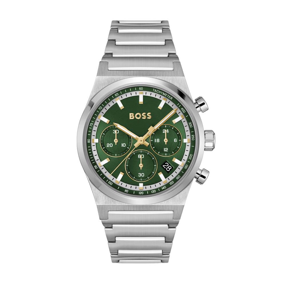 【HUGO BOSS】<br />
<br />
素材:SSケース<br />
<br />
ストラップ:SSブレスレット<br />
<br />
ムーブメント:クォーツファッションクロノ<br />
<br />
防水5気圧防水<br />
<br />
ケース径:41mm