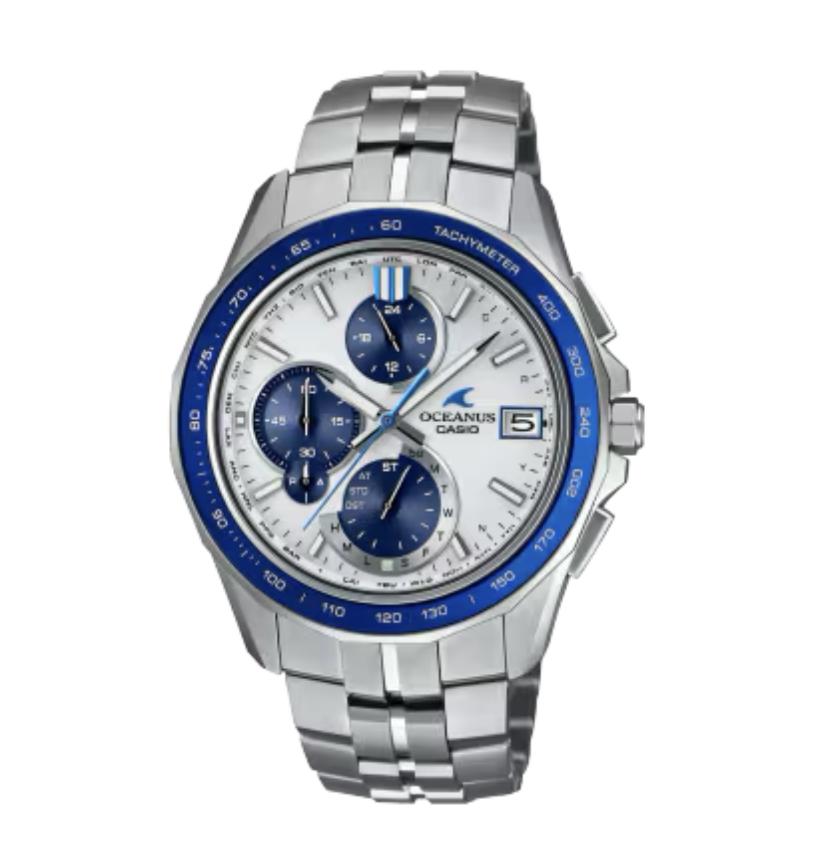 “Elegance, Technology”をブランドコンセプトに、上質な仕上げと薄く美しいフォルムを追求しているOCEANUS Mantaより、上質なホワイトをデザインに採用したモデル<br />
<br />
海を感じる爽やかでスポーティなカラーをデザインで取り込み、メインダイアルに美しいホワイトを、インダイアル部に透過性のあるブルー蒸着。<br />
ベゼル上のサファイアガラスにもブルー蒸着を施しています。<br />
<br />
ケース・ベゼル材質：チタン<br />
<br />
バンド：メタルバンド（チタン）<br />
無垢バンド<br />
スライドアジャスト機構付きワンプッシュ三つ折れ式中留<br />
<br />
使用電源・電池寿命<br />
タフソーラー（ソーラー充電システム）<br />
<br />
時刻修正<br />
電波時計 日本・北米・ヨーロッパ・中国地域対応 MULTIBAND6<br />
Bluetooth：スマートフォンと接続し時刻を自動修正<br />
<br />
ガラス：両面反射防止コーティングサファイアガラス（デュアルカーブ）<br />
<br />
防水性：10気圧防水<br />
<br />
表面加工：チタンカーバイト処理<br />
<br />
<br />
<br />
<br />
<br />
