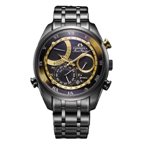 澄んだ音色。和音の響き。<br />
夜空に鐘の音が鳴り響く。<br />
暗闇でも時刻がわかる透明感のある音色。<br />
<br />
動力：電池式<br />
<br />
精度：±20秒／月<br />
<br />
持続時間：電池寿命：約2年<br />
<br />
重量：181g<br />
<br />
厚み：15.5mm<br />
<br />
ケースサイズ：横 42.5mm<br />
<br />
ケース素材：ステンレス<br />
<br />
ケース表面処理：デュラテクトDLC(ブラック色)<br />
<br />
バンド：ステンレス / 三ツ折れプッシュタイプ<br />
<br />
バンド幅：21.0mm<br />
<br />
バンド調整可能サイズ：142～200mm<br />
<br />
ガラス：デュアル球面サファイアガラス (クラリティ・コーティング)<br />
<br />
防水性能：日常生活用防水<br />
<br />
原産国：日本製<br />
<br />
電気鋳造文字板<br />
パーペチュアルカレンダー / デイ＆デイト表示 / 24時間表示 / ミニッツリピーター / デュアルタイム機能 / ローカルタイム機能 / アラーム 1・2