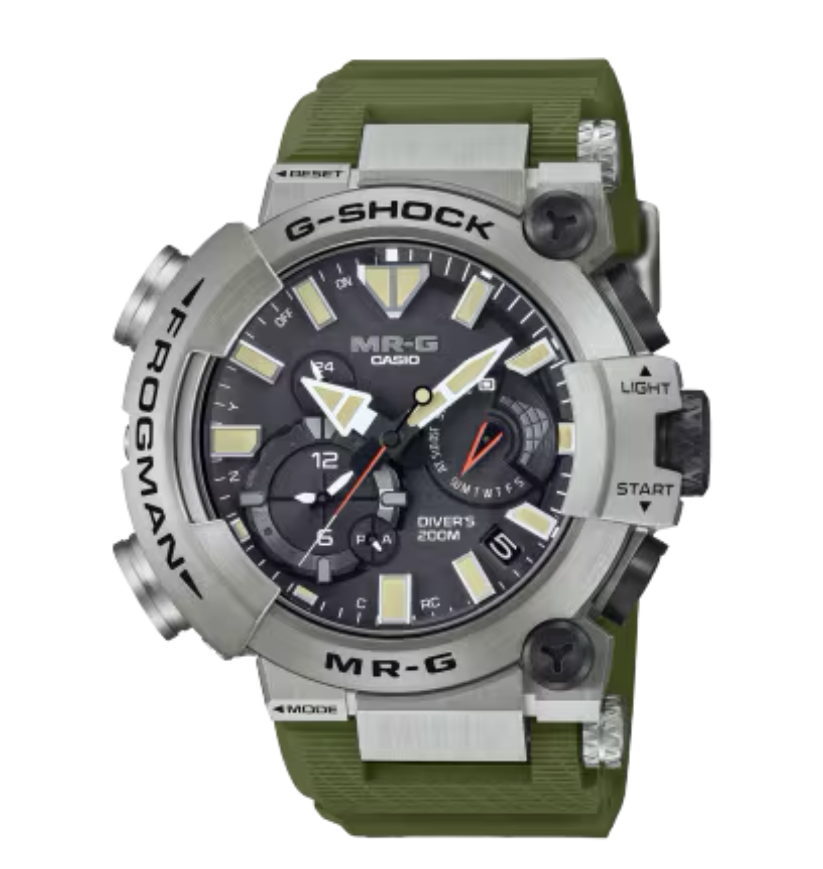 G-SHOCKの最上級ラインであるMR-Gシリーズ。<br />
ISO規格200ｍ潜水用防水機能を持つ本格ダイバーズウオッチ「FROGMAN」にチタン外装を採用し、丹念な仕上げを施したMR-Gです。<br />
<br />
ケースサイズ（縦×横×厚さ）：56 × 49.7 × 18.6 mm<br />
<br />
質量：132g<br />
<br />
ケース・ベゼル材質：チタン<br />
<br />
バンド：デュラソフトバンド（フッ素ラバー）<br />
<br />
構造：耐衝撃構造（ショックレジスト）<br />
耐磁時計（JIS1種）<br />
<br />
防水性：ISO200m潜水用防水<br />
<br />
時刻修正<br />
電波時計 日本・北米・ヨーロッパ・中国地域対応 MULTIBAND6<br />
Bluetooth：スマートフォンと接続し時刻を自動修正<br />
<br />
使用電源・電池寿命：タフソーラー（ソーラー充電システム）<br />
<br />
ガラス：内面反射防止コーティングサファイアガラス<br />
球面・曲面ガラス<br />
<br />
リューズ：ねじロック式リューズ<br />
<br />
裏蓋：スクリューバック<br />
<br />
表面加工<br />
深層硬化処理+TIC処理<br />
<br />
バンド装着可能サイズ：150～220mm<br />
<br />
その他：ネオブライト<br />
