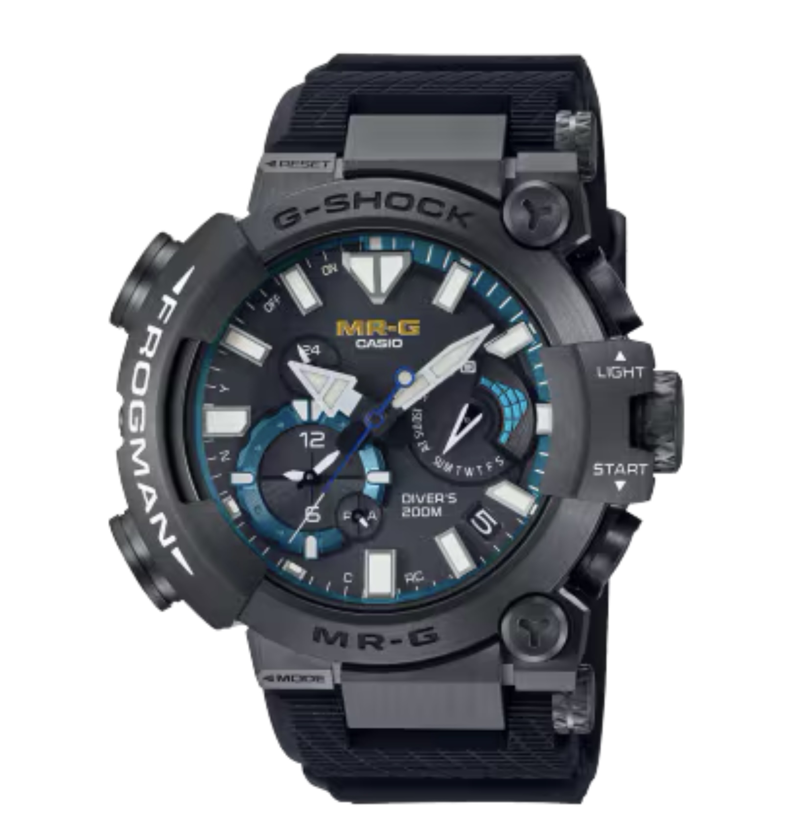 G-SHOCKの最上級ライン「MR-G」<br />
ISO規格200ｍ潜水用防水機能を持つダイバーズウオッチ「FROGMAN（フロッグマン）」にチタン外装を採用し、丹念な仕上げを施してつくりあげたMR-Gです。<br />
左右非対称の複雑な形状をMR-Gとしてチタンで製品化するにあたり、パーツを分割して構成し細部まで研磨を施すことで、より高い質感に仕上げることができました。フロッグマンの持つ高い防水性を確保するＯリングや耐衝撃性を保つ緩衝体を含めると、70を超える外装部品で組み上げられています。<br />
<br />
ケースサイズ（縦×横×厚さ）：56 × 49.7 × 18.6 mm<br />
<br />
質量：132 g<br />
<br />
ケース・ベゼル材質：チタン<br />
<br />
デュラソフトバンド（フッ素ラバー）<br />
<br />
耐衝撃構造（ショックレジスト）<br />
<br />
ISO200m潜水用防水<br />
<br />
タフソーラー（ソーラー充電システム）<br />
<br />
電波時計<br />
<br />
モバイルリンク機能