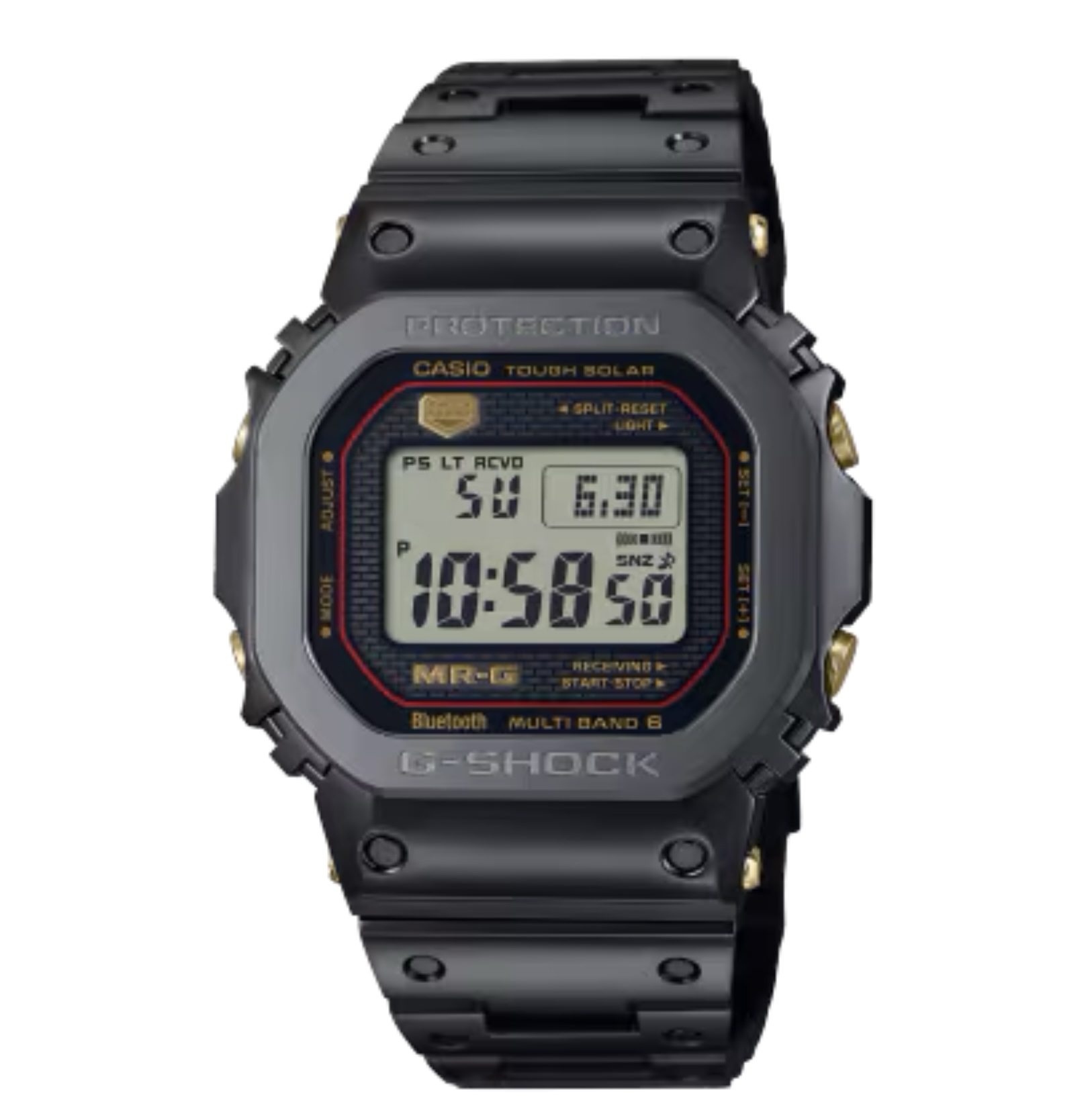 G-SHOCKの最上級ライン「MR-G」<br />
MRG-B5000は、G-SHOCK初代モデルのDW-5000Cを金属素材と丹念な仕上げによりMR-Gとしてつくり上げたモデルです。複雑な形状のベゼルを25個の部品で構成。パーツごとに細部まで研磨を施すことができ、より高い質感に仕上がりました。また、ベゼルパーツの間に緩衝体を備えることで強度を高めたマルチガードストラクチャーを開発。ケースには64チタンをベースとした高硬度のチタンを、バンドには高い硬度を持ちながら加工性に優れたチタン合金「DAT55G」を採用。ベゼルトップにはプラチナと同等の輝きを持つといわれるコバルトクロム合金「コバリオン」を採用しています。<br />
<br />
ケースサイズ（縦×横×厚さ）：49.4 × 43.2 × 12.9 mm<br />
<br />
質量：114 g<br />
<br />
ケース・ベゼル材質：チタン　メタルバンド（チタン）<br />
<br />
タイトロック機構付き中留<br />
<br />
耐衝撃構造（ショックレジスト）<br />
<br />
20気圧防水