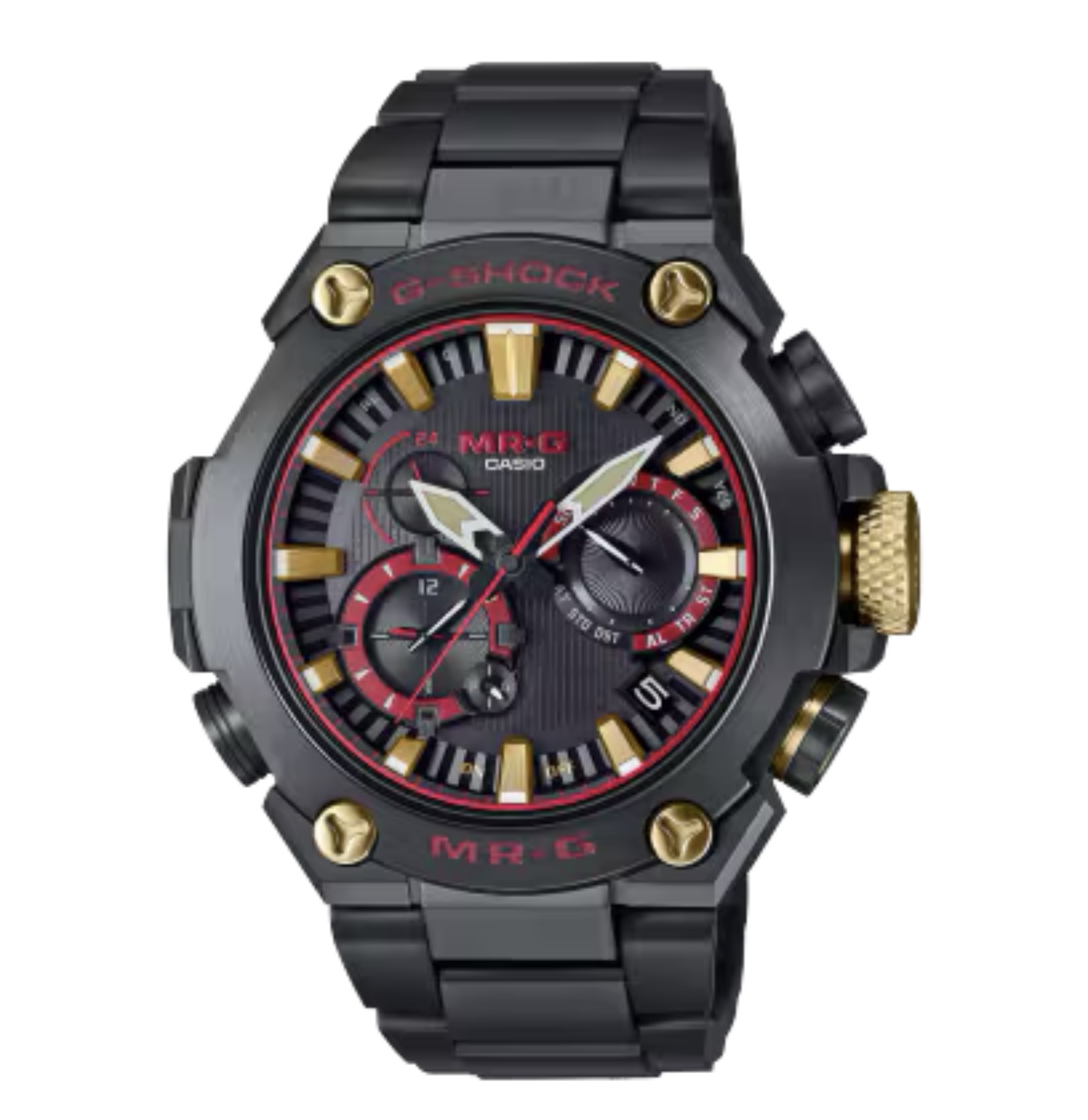 G-SHOCK最上級ラインの「MR-G」シリーズ。<br />
MRG-B2000は、構造、機能、素材、仕上げなど細部までこだわり、日本古来より受け継がれてきた強さや美意識を継承するMR-Gです。文字板の外周部には扇や屏風をイメージしたカットを施すことで、シンプルでありながら華やかなテクスチャーを入れています。また、インデックスには、山形カシオのナノ加工技術ならではの美しいエッジや曲面への挽き目加工を施し、日本刀の反りを表現しています。このモデルでは戦国時代の部隊編成である「赤備え」をテーマに、古来より強さの象徴とされてきた「赤」をベゼルの色埋め部や文字板の随所に配色。G-SHOCKのブランドカラーである黒と赤のイメージと重ねることで、時代を超えて生き続ける唯一無二の強さが表現されています。<br />
<br />
ケースサイズ（縦×横×厚さ）：54.7 × 49.8 × 16.9 mm<br />
<br />
質量：150 g<br />
<br />
ケース・ベゼル材質：チタン　メタルバンド（チタン）<br />
<br />
タイトロック機構付き中留<br />
<br />
耐衝撃構造（ショックレジスト）<br />
<br />
20気圧防水<br />
<br />
ソーラー電波時計 <br />
<br />
モバイルリンク機能<br />
