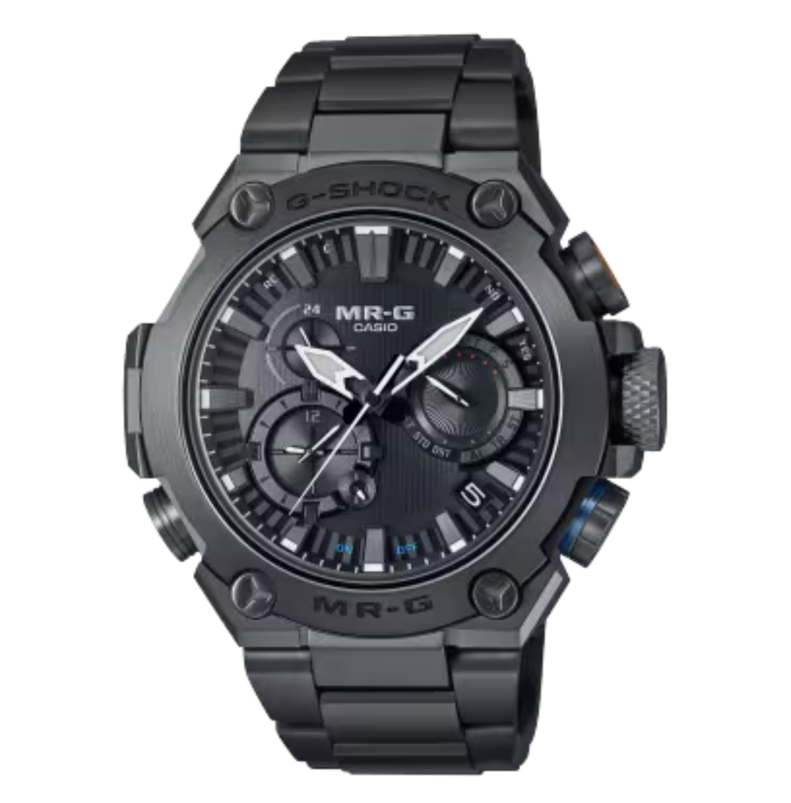 G-SHOCK最上級ラインの「MR-G」シリーズ。<br />
MRG-B2000は、構造、機能、素材、仕上げなど細部までこだわり、日本古来より受け継がれてきた強さや美意識を継承するMR-Gです。文字板の外周部には扇や屏風をイメージしたカットを施すことで、シンプルでありながら華やかなテクスチャーを入れています。<br />
<br />
ケースサイズ（縦×横×厚さ）：54.7 × 49.8 × 16.9 mm<br />
<br />
質量：150 g<br />
<br />
ケース・ベゼル材質：チタン　メタルバンド（チタン）<br />
<br />
タイトロック機構付き中留<br />
<br />
耐衝撃構造（ショックレジスト）<br />
<br />
20気圧防水<br />
<br />
ソーラー電波時計<br />
<br />
モバイルリンク機能
