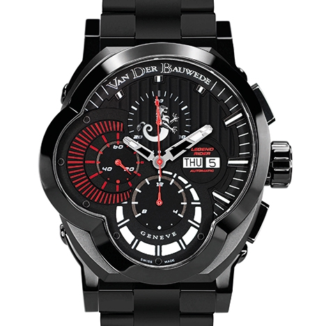 レジェンドライダー <br />
ケース径:縦60mm×横47mm<br />
ケース素材:ブラックPVD加工を施したステレンレススチール<br />
防水性:5気圧<br />
ストラップ:ブラックPVD加工を施したステレンレススチール<br />
ムーブメント:自動巻クロノグラフ VDB cal.35<br />
仕様:30分計、12時間計、スモールセコンド、日付・曜日表示<br />
<br />
<br />
<br />
男性に向けたパワフルな自動巻きクロノグラフのコレクション。<br />
1940年代半ばに創立されたアメリカのバイカーチームからの依頼で作られた。<br />
ユニークなケースのフォルムや文字盤デザインは、ハーレーダビッドソンのガソリンタンクやメーターから着想を得たものだという。<br />
<br />
この時計を通してヴァン・デル・ボーヴェデはアメリカで最も人気が高いR&BシンガーUSHER(アッシャー)が創立した“New Look Foundationk”(ニュー・ルック・ファウンデーション)の活動にも協賛している。<br />
<br />
<br />
<br />
<br />
<br />
*在庫状況や価格など、商品に関するお問い合わせはコチラまで。<br />
<br />
Tel:052-228-6121<br />
Mail:info@gran-d-nagoya.com<br />