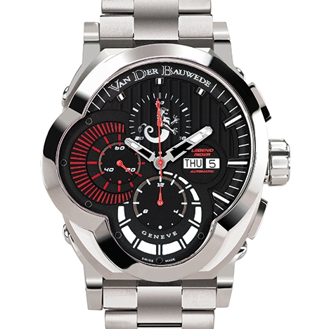 レジェンドライダー ケース径:縦60mm×横47mm<br />
ケース素材:ステレンレススチール<br />
防水性:5気圧<br />
ストラップ:ステレンレススチール<br />
ムーブメント:自動巻クロノグラフ VDB cal.35<br />
仕様:30分計、12時間計、スモールセコンド、日付・曜日表示<br />
<br />
<br />
<br />
男性に向けたパワフルな自動巻きクロノグラフのコレクション。<br />
1940年代半ばに創立されたアメリカのバイカーチームからの依頼で作られた。<br />
ユニークなケースのフォルムや文字盤デザインは、ハーレーダビッドソンのガソリンタンクやメーターから着想を得たものだという。<br />
<br />
この時計を通してヴァン・デル・ボーヴェデはアメリカで最も人気が高いR&BシンガーUSHER(アッシャー)が創立した“New Look Foundationk”(ニュー・ルック・ファウンデーション)の活動にも協賛している。<br />
<br />
<br />
<br />
<br />
<br />
*在庫状況や価格など、商品に関するお問い合わせはコチラまで。<br />
<br />
Tel:052-228-6121<br />
Mail:info@gran-d-nagoya.com