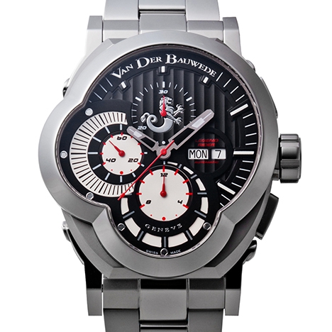 レジェンドライダー <br />
ケース径:縦60mm×横47mm<br />
ケース素材:ステレンレススチール<br />
防水性:5気圧<br />
ストラップ:ステレンレススチール<br />
ムーブメント:自動巻クロノグラフ VDB cal.35<br />
仕様:30分計、12時間計、スモールセコンド、日付・曜日表示<br />
<br />
<br />
<br />
<br />
男性に向けたパワフルな自動巻きクロノグラフのコレクション。<br />
1940年代半ばに創立されたアメリカのバイカーチームからの依頼で作られた。<br />
ユニークなケースのフォルムや文字盤デザインは、ハーレーダビッドソンのガソリンタンクやメーターから着想を得たものだという。<br />
<br />
この時計を通してヴァン・デル・ボーヴェデはアメリカで最も人気が高いR&BシンガーUSHER(アッシャー)が創立した“New Look Foundationk”(ニュー・ルック・ファウンデーション)の活動にも協賛している。<br />
<br />
<br />
<br />
<br />
<br />
*在庫状況や価格など、商品に関するお問い合わせはコチラまで。<br />
<br />
Tel:052-228-6121<br />
Mail:info@gran-d-nagoya.com
