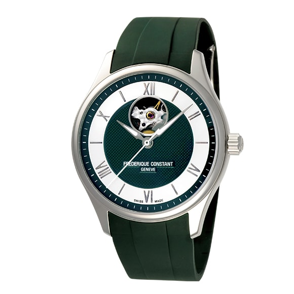 型番:FC-310MGRW5B6<br />
ムーヴメント:自動巻き<br />
ケース径:40mm<br />
防水:5気圧<br />
<br />
価格:198,000円(税込)<br />
<br />
ブランドのアイコン、ハートビートはそのままにクラシックデザインを継承しながら、シリーズ初のラバーベルトで、スポーティな印象を実現した日本限定モデルです。<br />
今流行色の『グリーン』が爽やかです。
