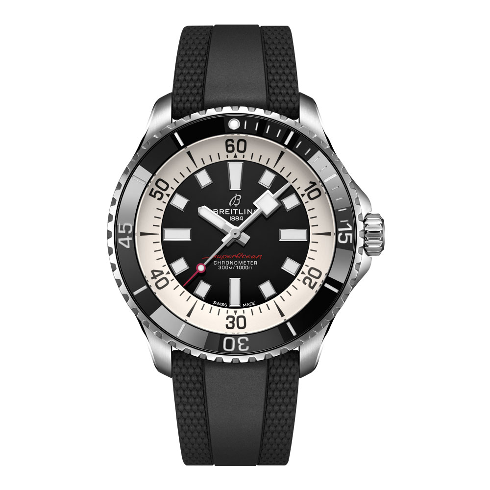 型番:A17376211B1S1<br />
ムーブメント:自動巻き(ブライトリング17)<br />
ケース径:44mm<br />
防水機能:300m<br />
<br />
価格:715,000円(税込)<br />
<br />
水中でのあらゆるアクティビティに適した性能とスタイルを持つスーパーオーシャンモデルは、年齢問わずに人気を集めているモデル☆<br />
<br />
不要な部分を減らし、より分かりやすく見やすくなり、蓄光塗料を塗布した分厚いインデックス、四角い針、コントラストが際立つデザインがかっこいいです!<br />
<br />
ダイバーズウォッチなら欠かせない視認性。幅広の針とインデックスには蓄光塗料スーパールミノバ®が塗布されているので、水中や暗い場所でも安心です◎さらに衝撃や砂、塩水に対する耐性も考えられています。<br />
<br />
フォールディングクラスプは最大15mmの微調整が可能となっております。朝、夜で浮腫む方や、汗で少しゆるめたいと思うときは凄く便利な機能です!<br />
<br />
お問い合わせは→https://kobayashi-tokeiten.com/inquiryform/で大分店にチェックをしてお問い合わせください。