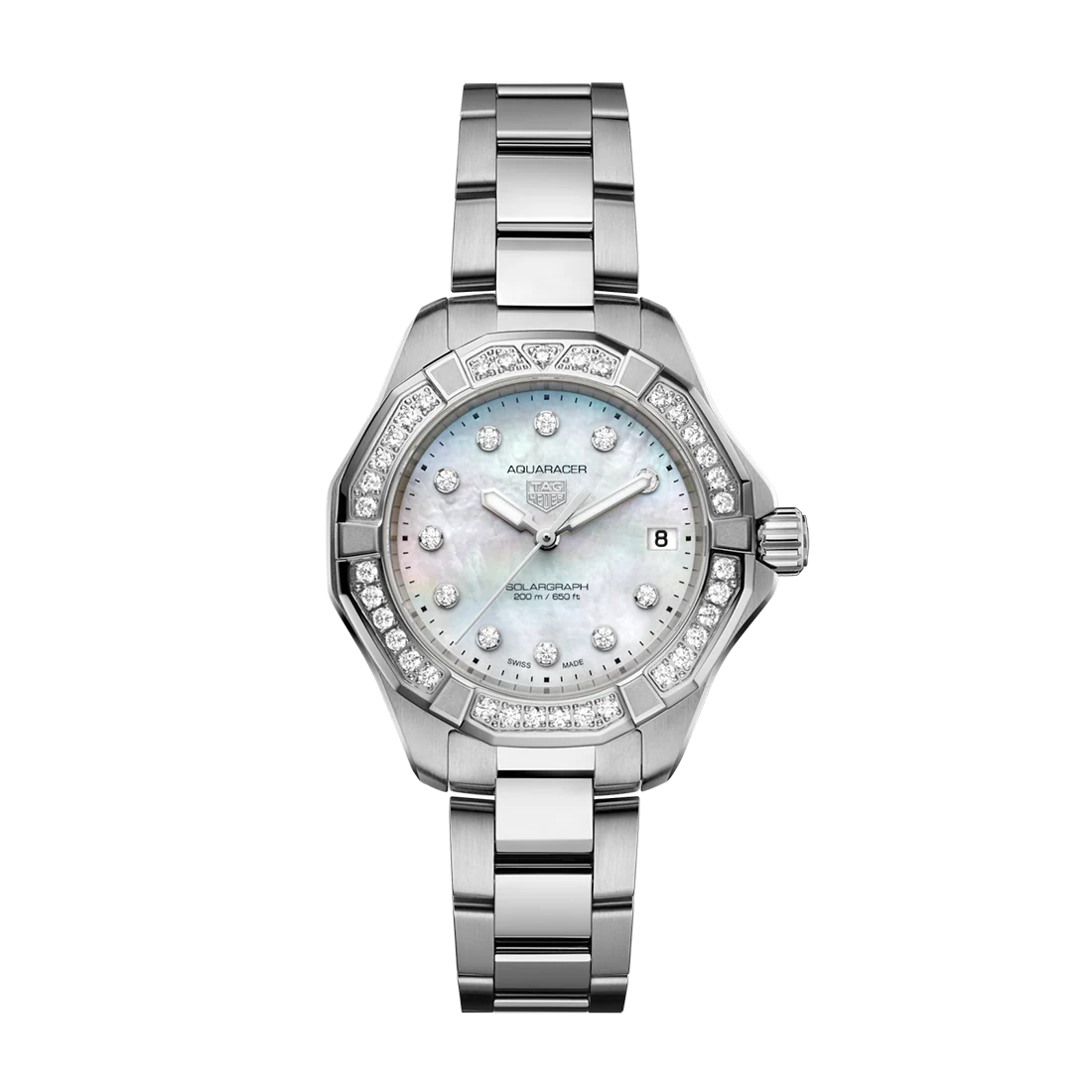 型番：WBP1314.BA0005<br />
ムーヴメント：ソーラークォーツ<br />
ケース径：34mm<br />
防水：200m<br />
<br />
価格：775,500円(税込)<br />
<br />
ベゼルに輝く35個のダイヤモンド(0.6ct) と、艶やかなマザー・オブ・パールのダイヤルにセットされた11個のダイヤモンド(0.15ct) が美しい、34mmサイズのタグ・ホイヤー アクアレーサー プロフェッショナル200 ソーラーグラフ。ステンレススティールを用いて精巧に作られたこのモデルは、耐久性と洗練された比類のないスタイルを併せ持ち、どんな挑戦にもエレガンスと共に向き合うウォッチです。