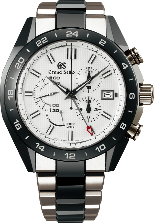 (ブライトチタン・セラミックス/スプリングドライブ自動巻/10気圧防水/径46.4mm)金額:1,550,000円(税抜)<br />
セラミックスとブライトチタンのケースにスポーティで先鋭的なデザインを持つスプリングドライブモデルです。<グランドセイコー>の中でも、個性的かつ男らしい1本です。スプリングドライブのクロノグラフは、世界最高の精度と称されています。