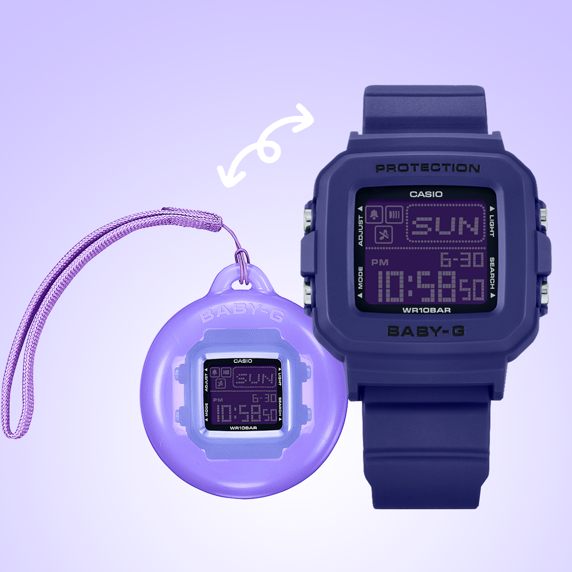 2024年に誕生30周年を迎えるBABY-Gから、自分の好みにあわせて使い方が楽しめる「BABY-G+PLUS」です。<br />
コンパクトなデジタルウオッチと、専用の時計ホルダーがセットになったモデルで、ベゼルとバンドの取り外しが可能。<br />
付属の時計ホルダーにセットすれば、ユニークなチャームとしても活躍します。Y2Kのカラーテイストがファッションに華を添えます。シリコンホルダーはシールやデコレーションで自分仕様にアレンジが可能です。<br />
<br />
加えて、時刻モードでライトボタンを押すと、ドット絵キャラクター(ボーダー、ダンサー、イルカ、ハリセンボン、イヌ、ネコ)のアニメーションがランダムに表示され、かわいらしい動きでフェイスを楽しく演出します。<br />
BABY-Gらしい遊び心をプラスし、自由なカスタマイズを楽しめるシリーズです。<br />
<br />
※ 光沢仕上げである本製品の製法上、表面にしわのような模様が発生することがあります。<br />
※ デコレーションはお客様ご自身の責任にてお願いいたします。<br />
<br />
■SPEC<br />
ケースサイズ(縦×横×厚さ):42.8 × 39 × 14.7 mm<br />
質量:33 g<br />
ケース・ベゼル材質:樹脂<br />
付属品:ストラップ付専用ホルダー<br />
バンド:樹脂バンド<br />
構造:耐衝撃構造(ショックレジスト)<br />
防水性:10気圧防水<br />
電池寿命:約3年<br />
<br />
https://www.casio.com/jp/watches/babyg/product.BGD-10K-2/