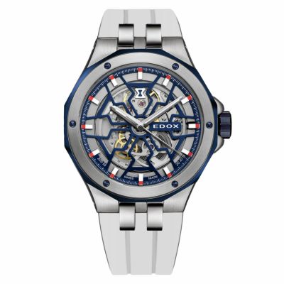 エドックス　EDOX　時計　機械式時計　腕時計　かっこいい　夏　スケルトン　新作　砂時計　青　マリンカラー　ホワイトラバー　爽やか