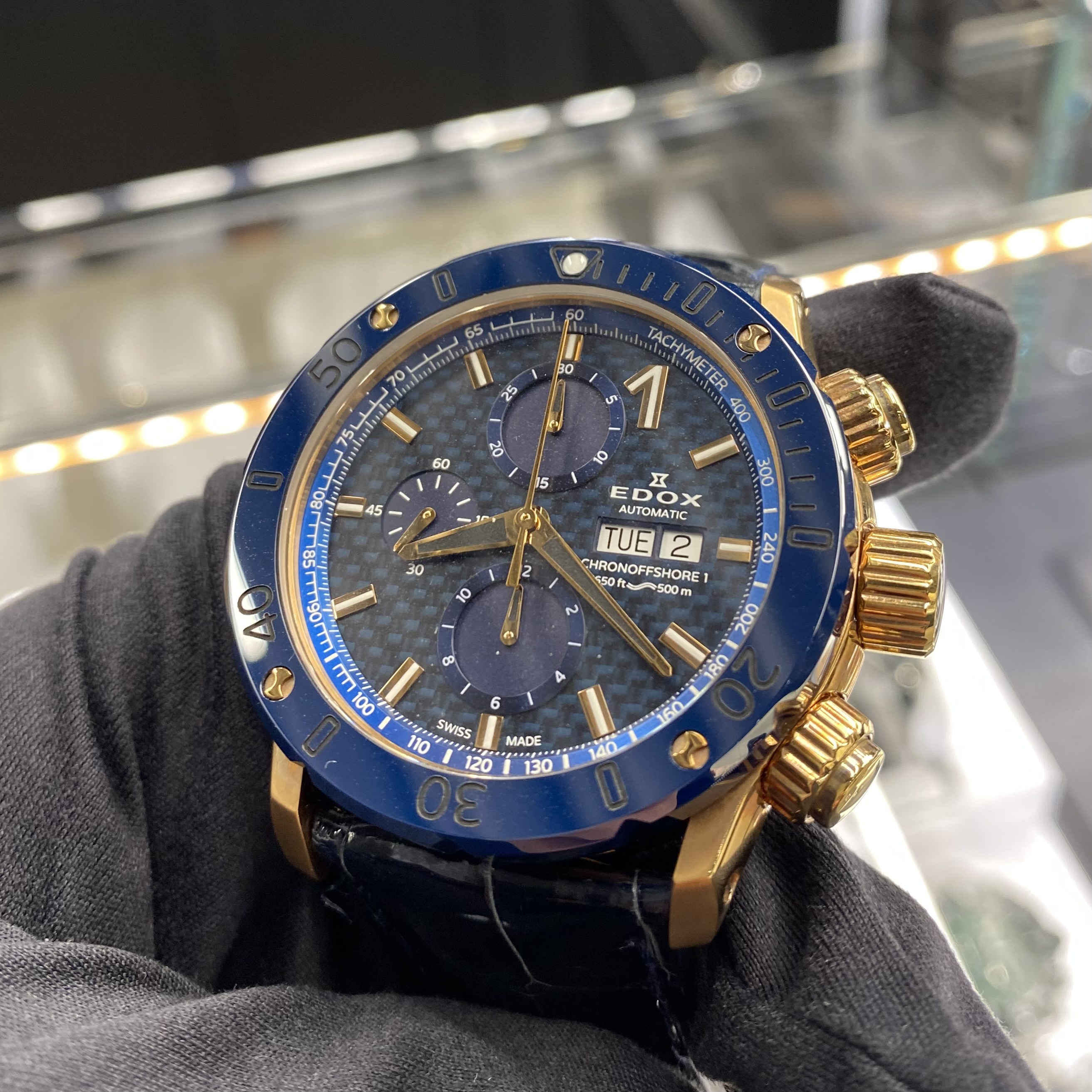 エドックス　EDOX　時計　機械式時計　腕時計　世界限定　かっこいい クロノオフショア1　クロコダイル　ゴールド　ブルーカーボン　50気圧　自動巻き