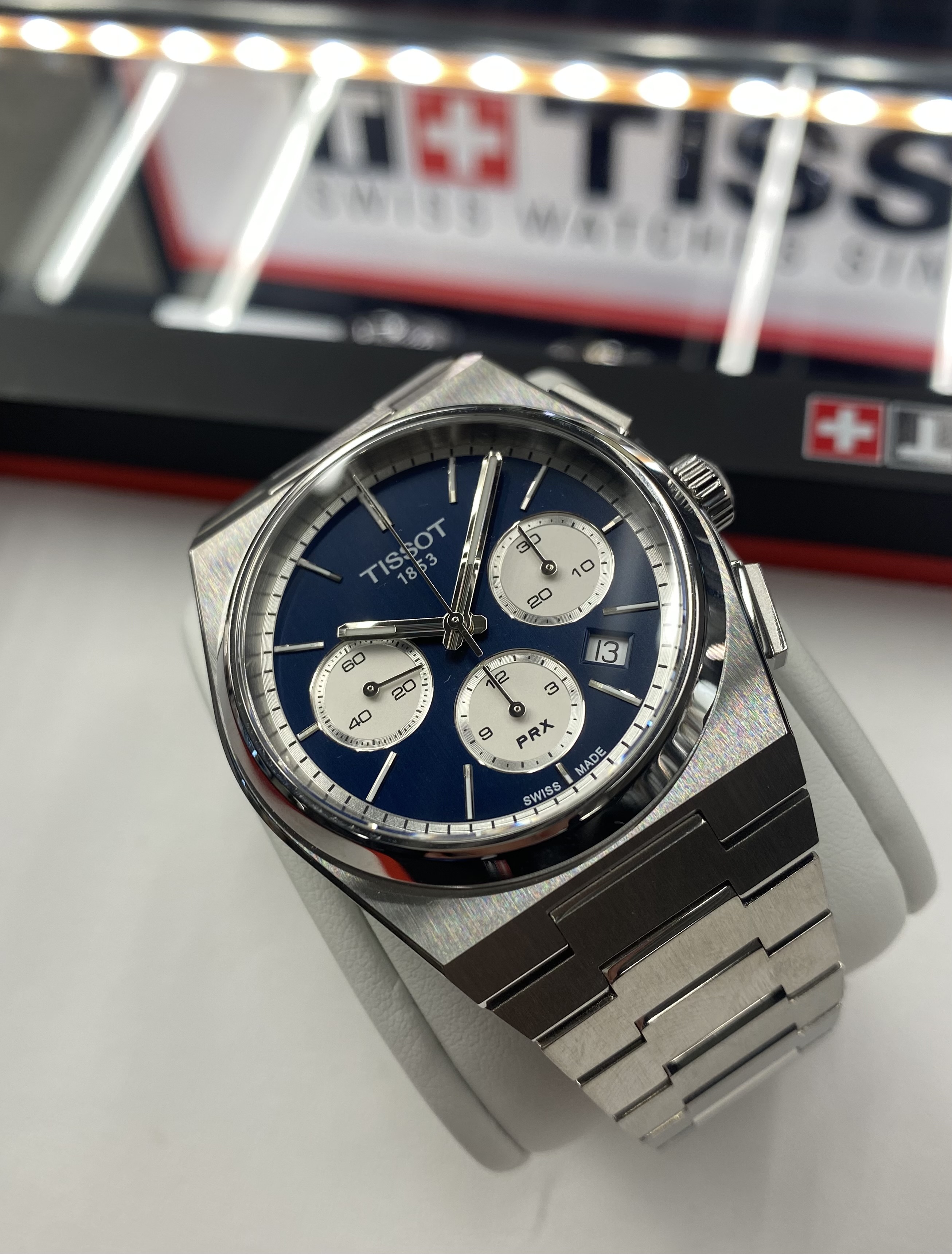 ティソ　PRX　かっこいい　クロノグラフ　時計　　腕時計　プレゼント　サテン仕上げ　PRXクロノ　42mm　ブルー　ステンレススチール　10気圧