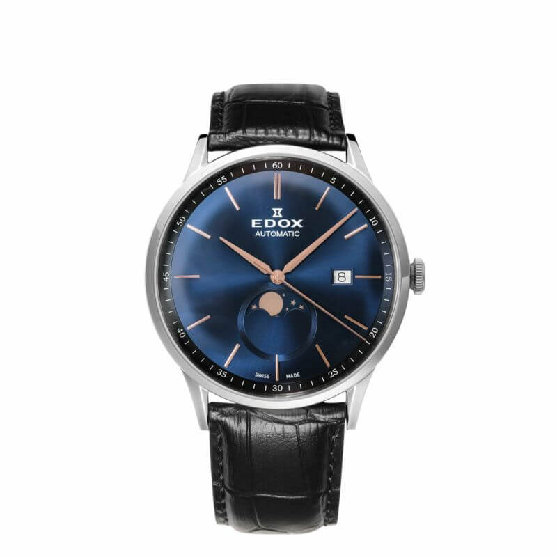 EDOX　高級時計　自動巻　機械式腕時計　ムーンフェイス　ムーンフェイズ　エドックス　80500-3-AIBU 　石川県　石川　北陸　正規店　正規取扱店　腕時計　メンズ腕時計　かっこいい　シンプル　クラシックデザイン