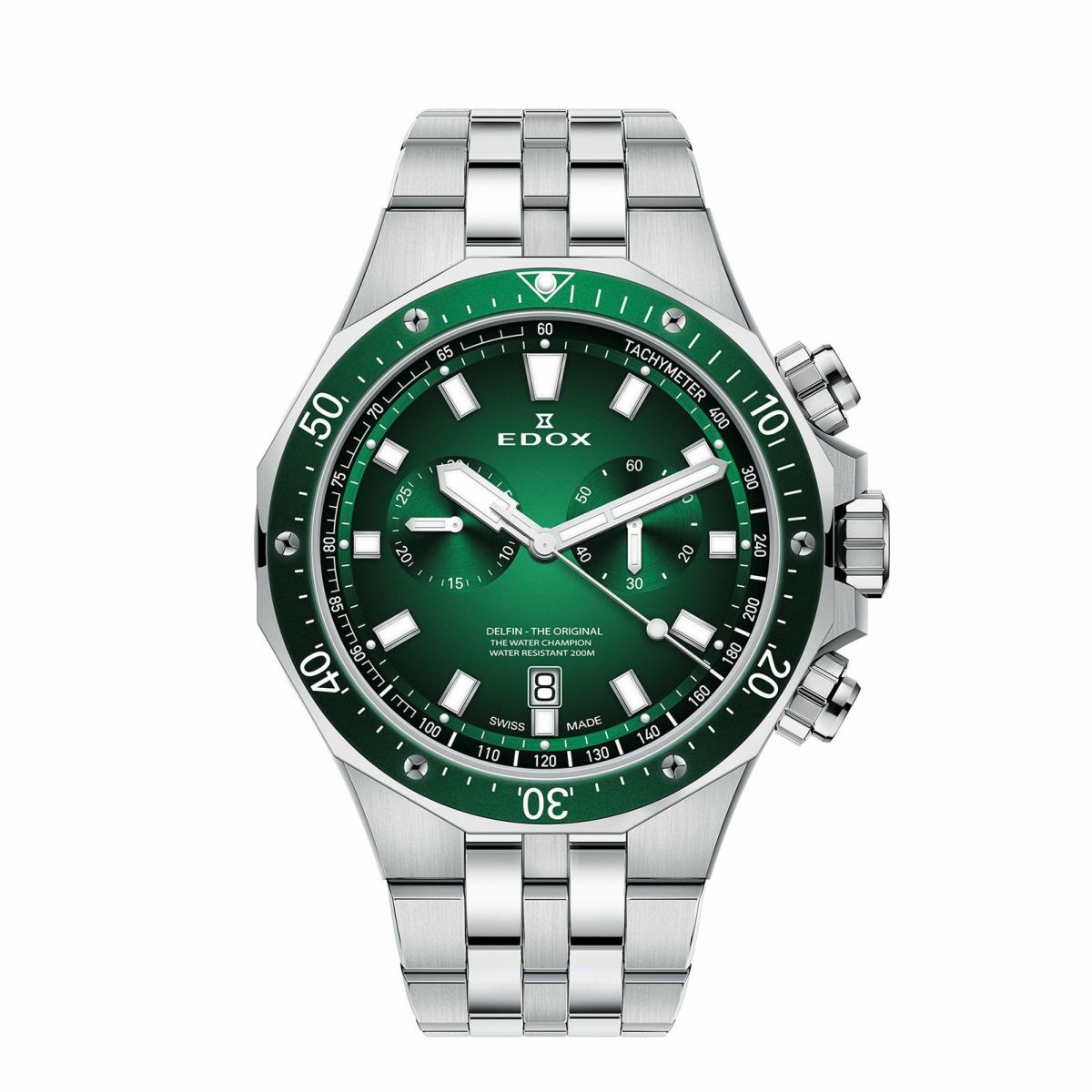 EDOX エドックス　デルフィン　クウォーツ　緑　カジュアル　ビジネス　普段使い　ステンレス　使いやすい　薄い　カッコイイ　316L　ダイバーズ　ダイバーズウォッチ　クロノグラフ　ストップウォッチ　２カウンター