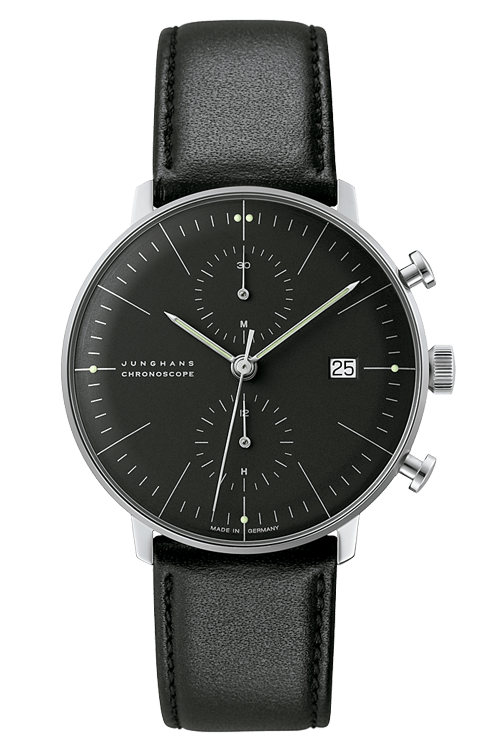 JUNGHANS　ユンハンス　ドイツ　自動巻　機械式　 クロノグラフ　レザー　ブラック　黒文字盤　シンプル　ビジネス　普段使い　ユニセックス　おしゃれ　クラシック　マックスビル　クロノスコープ