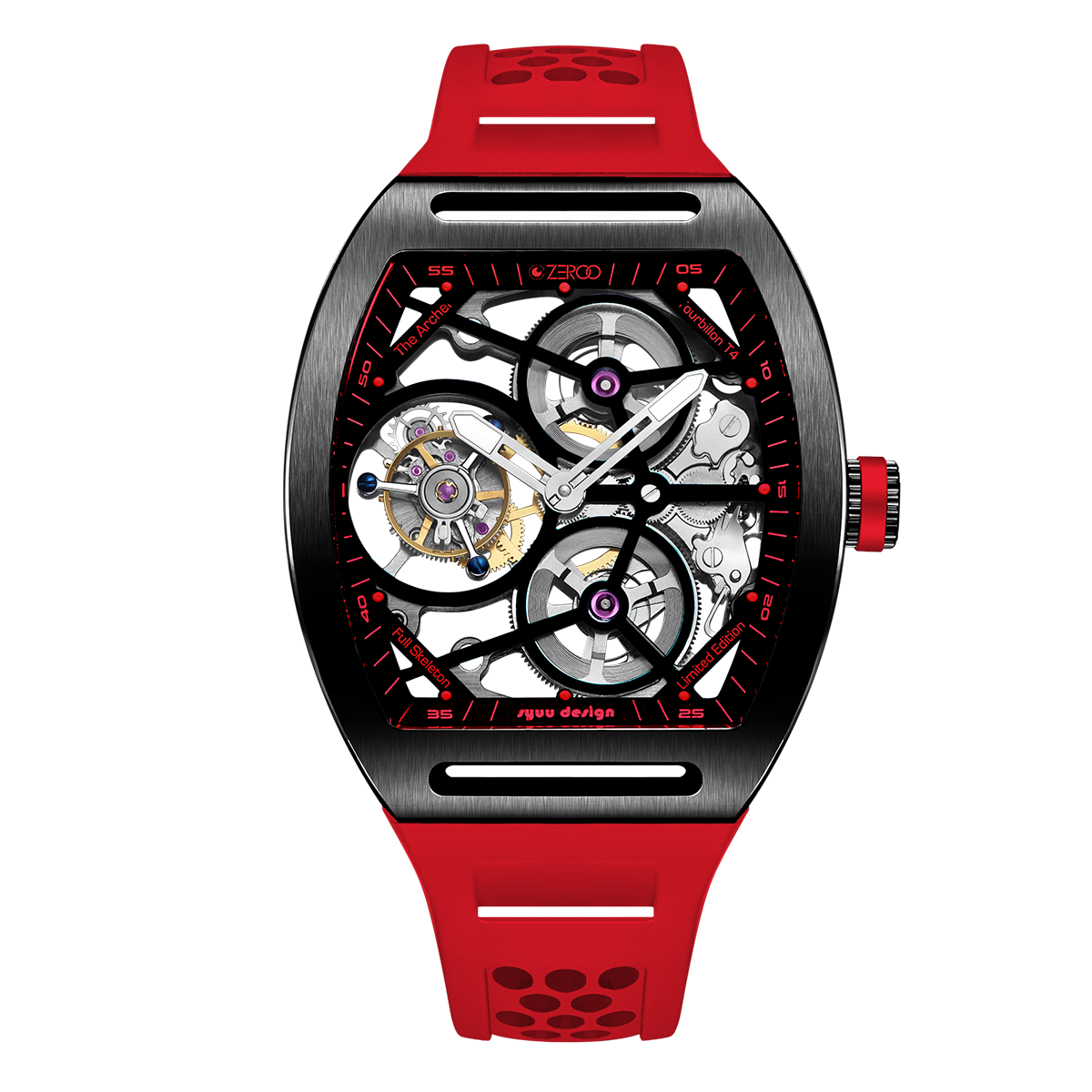 ZEROO　T4　 お洒落　カッコいい　スケルトン　軽量　腕時計　機械式 ゼロタイム　面白い　赤　