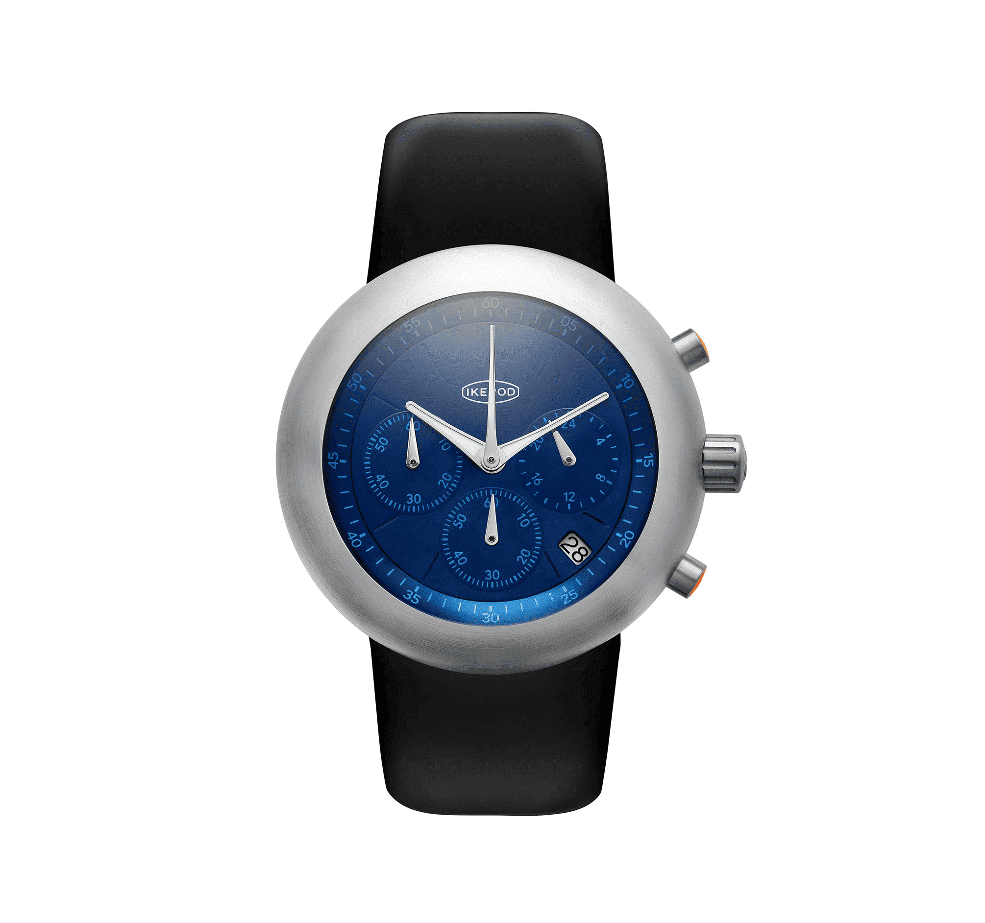 Chronopod / IPC006SILBN / C006 Blue Suede 25Ikepod（アイクポッド）復活のクロノグラフ「NEW CHRONOPOD」。2000年代に時計ブームを楽しんだ方に懐かしい、マーク・ニューソンが生み出した流線形UFO型ケースを継承しつつ、エマニュエル・ギョエのデザインダイヤルと日本製クロノグラフムーブメントを搭載。幻の「HEMIPOD」へのオマージュでありながら、ドーム型サファイア風防と快適なシリコンラバーストラップが現代的な装着感を実現。20年前の情熱を呼び覚ます、コレクター必見のリローンチモデル。