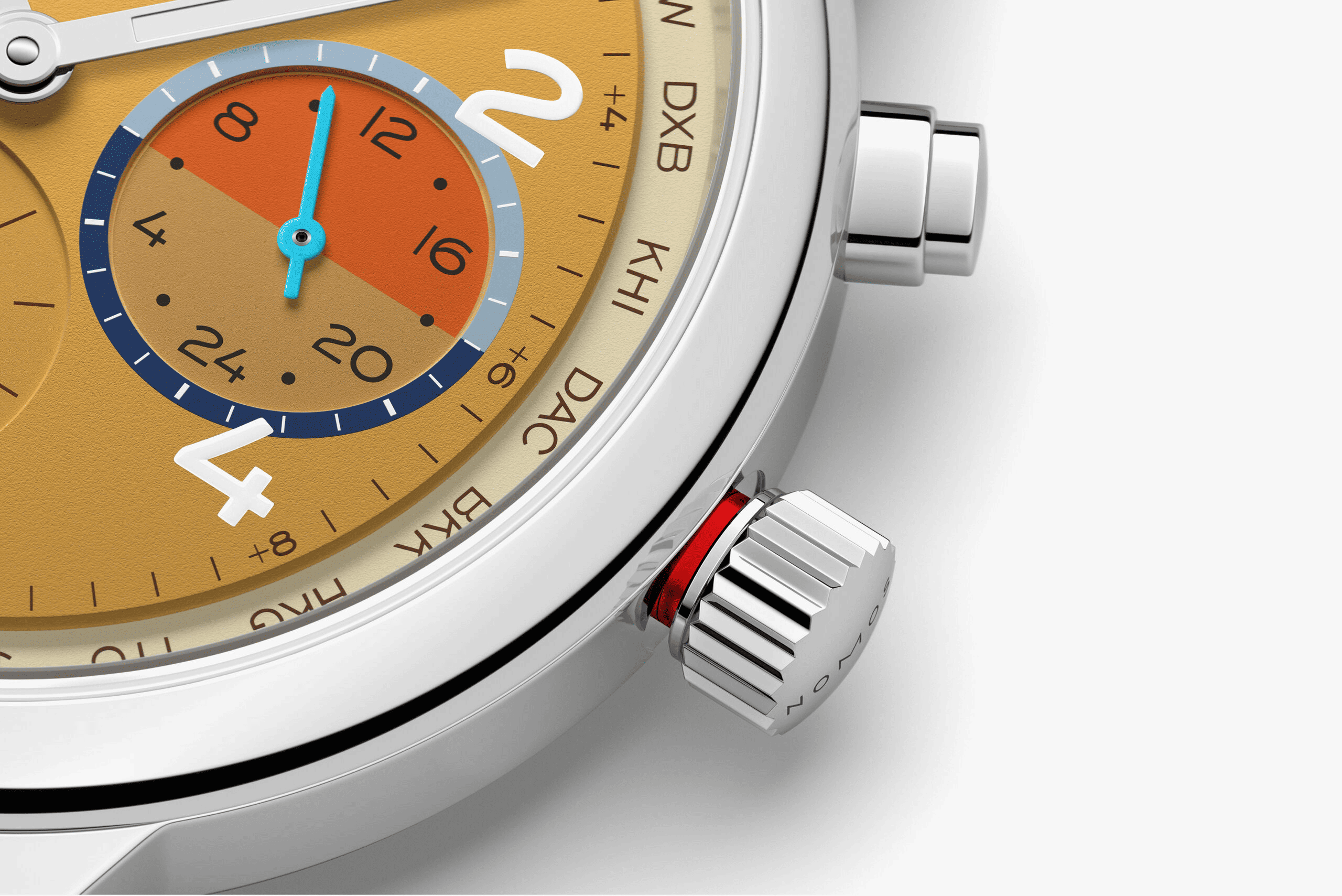 NOMOS GLASHÜTTE  クラブ・スポーツ ネオマティック ワールドタイマー デューン　NM790.S6弾力や回復力に色があるとすれば、この腕時計の黄金のベージュ色はその最高の選択肢となるでしょう。果てしなき地平線と不変に見える変化に満ちた砂漠を彷彿とさせるからです。そして、ダイアル上では2つの冷たいブルーのセミサークルが温かい夕日のオレンジを蜃気楼のように捉えています。 自動巻きキャリバーを搭載するこのワールドタイム機能付き腕時計においては、スポーティーさと機能性が均衡しており、一目で24のタイムゾーンを見ることができ、セカンドタイムゾーンの24時間表示も備わっています。デューンは175本限定であり、世界との特別な自分だけの繋がりをもたらします。