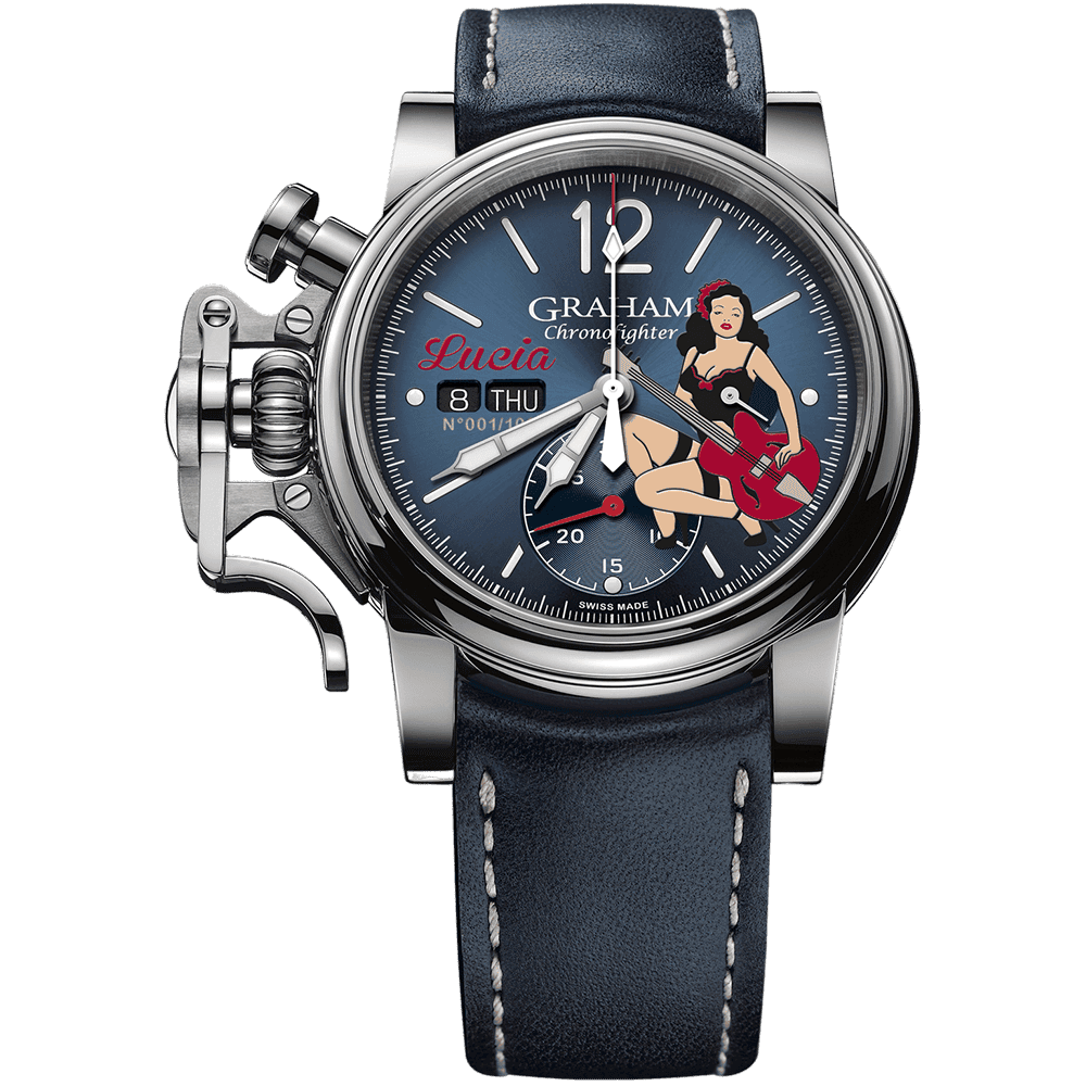 CHRONOFIGHTER VINTAGE NOSE ART LTD LUCIA　2CVAS/U11A　GRAHAM（グラハム）は、1995年にスイスで誕生したクロノグラフを中核とする機械式腕時計ブランド。偉大な時計師ジョージ・グラハムの名を冠し、他にはない大胆なデザインと力強い存在感を持つタイムピースを生み出してきました。象徴的な大型ケースやトリガー型クロノグラフプッシャーに代表される、ひと目でグラハムと分かる造形は、流行や無難さとは一線を画す“NOT EVERYBODY’S WATCH”という哲学を体現しています。堅牢なケース構造と本格的な機械式クロノグラフムーブメントを搭載し、視認性・操作性にも優れた実用的な腕時計でありながら、個性と主張を強く放つ一本。人と被らない時計を求める時計愛好家や、強いキャラクターを持つ腕時計を探している方にこそふさわしいブランドです。